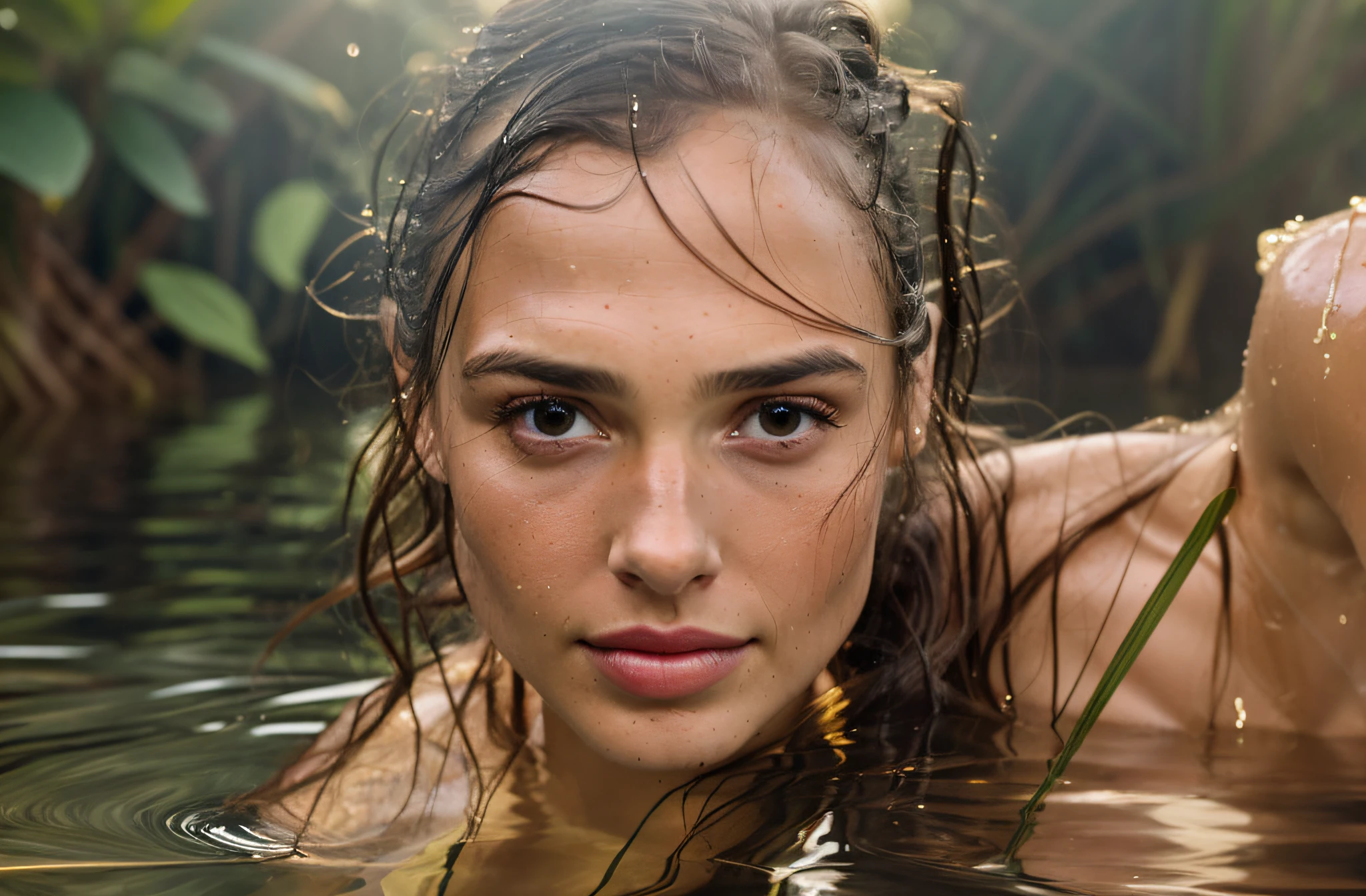 there is a woman that is in the water with a banana, hyperrealist portrait in a river, cinematic beautiful natural skin, nymph in the water, in water up to her shoulders, soft portrait shot 8 k, wet hair, close up portrait shot, dewy skin, in the water, closeup portrait shot, close - up portrait shot, gal gadot portrait