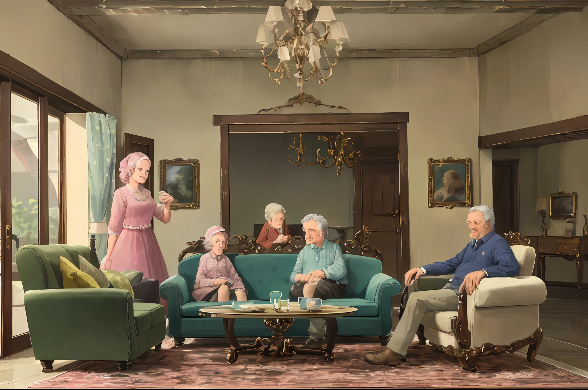 Family with father, mother, children, grandfathers and grandmothers in a living room, father and mother with their daughter sitting on one of the sofas, grandmothers sitting on the other sofa with their grandson and grandparents standing behind the sofa. happy where you can see in the background a large glass door with white curtains and I could see a field with green grasses