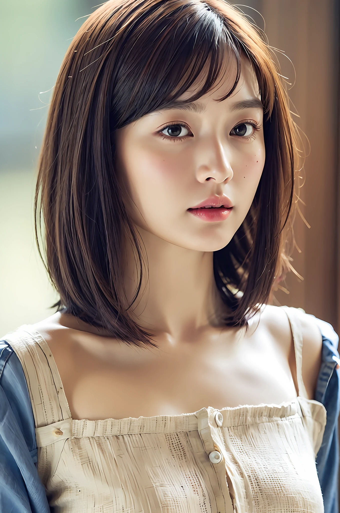 A loose linen dress with a wide open neck, revealing the chest