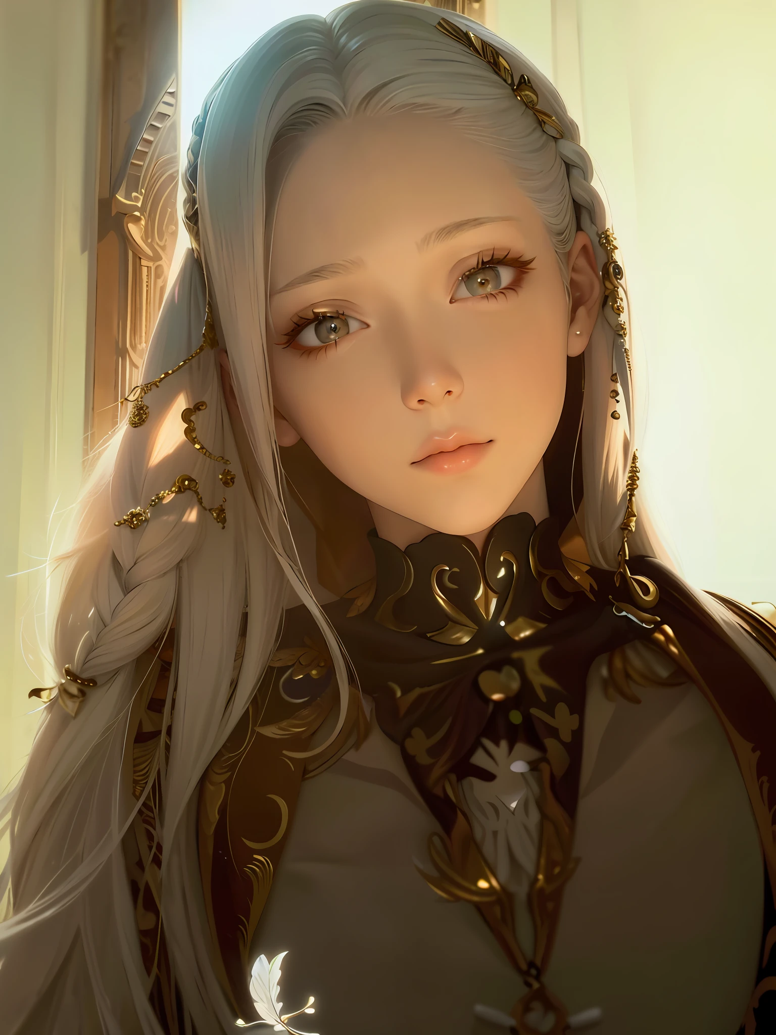 best quality, masterpiece,white hair, gold eyes,white clothes, looking up, upper body,hair strand,Fair skin,side braids