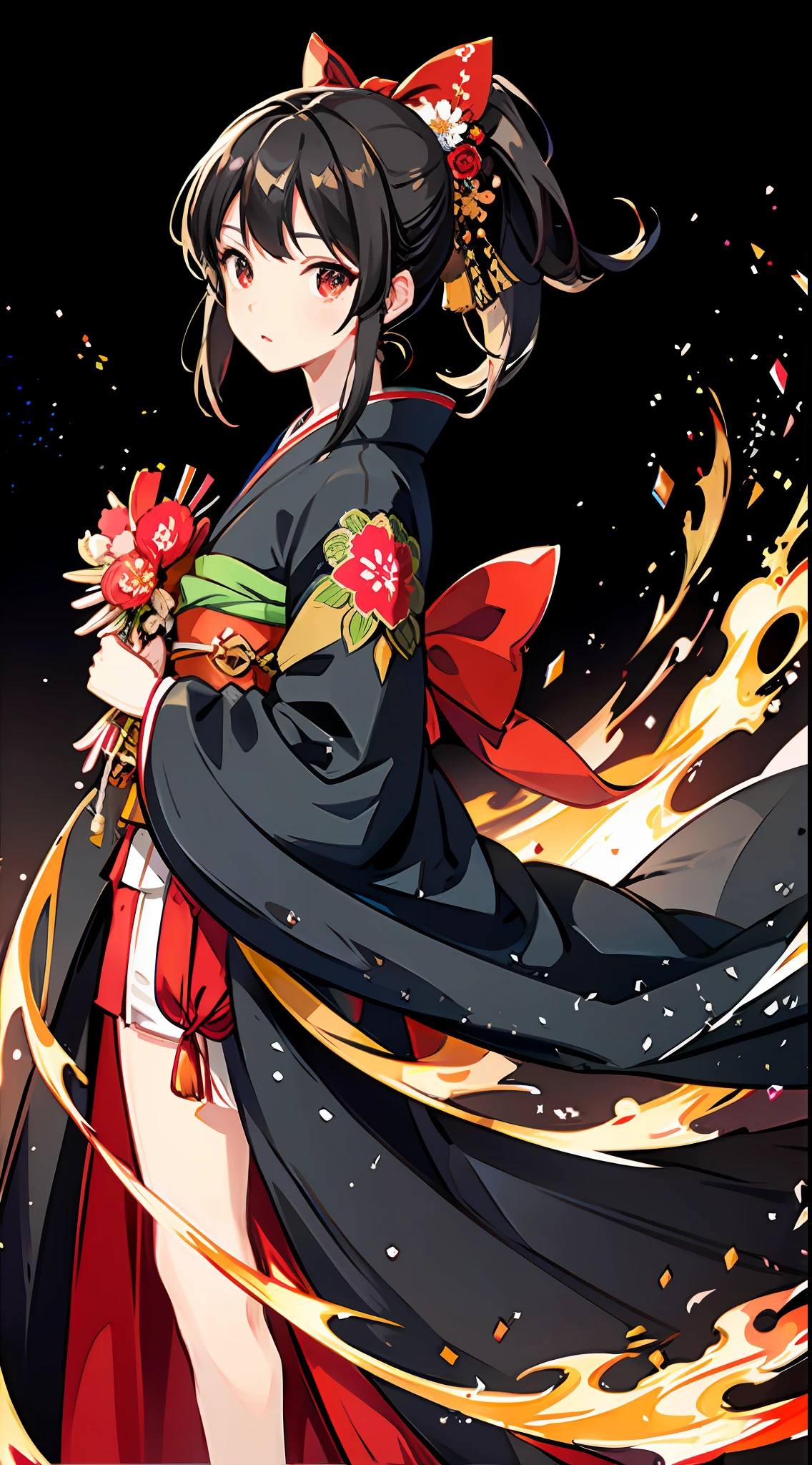 clearface,master-piece,hyper quality, hyper detailed,perfect drawing,CG,3D,8k,illustration,beautiful face girl,hiten_1,Solo,Black hair ponytail, tying hair with big red ribbon, samurai costume, kimono beauty holding a large bouquet, kimono, kimono, kimono, gift, celebration, 100 views of Japan, world heritage, beautiful background