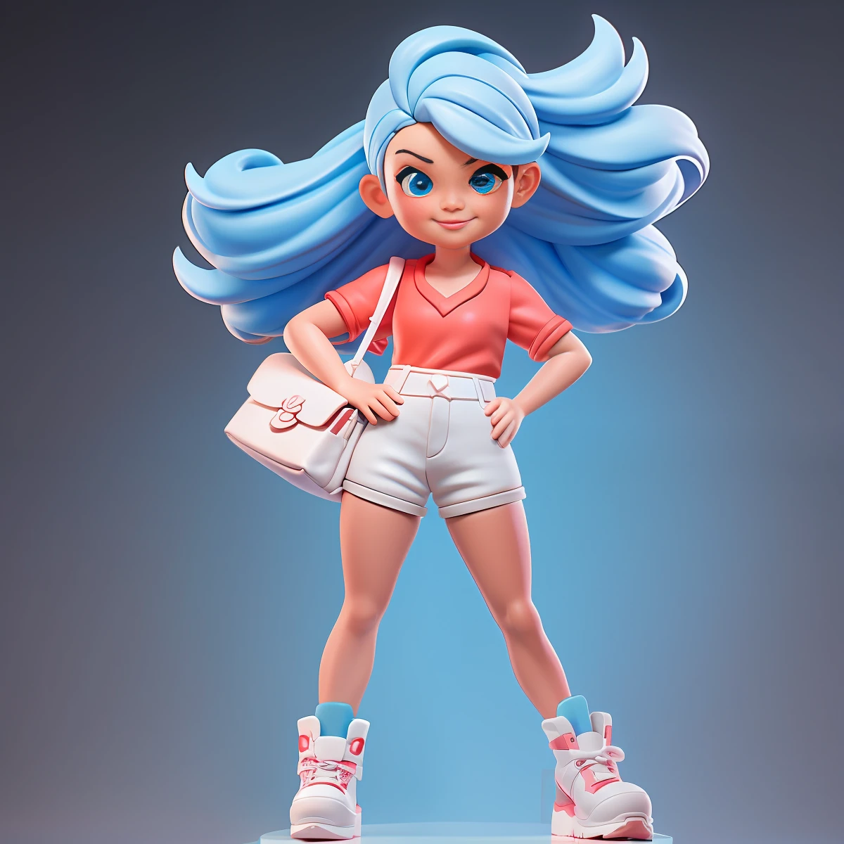 a close up of a cartoon character, Cute small humanoid girl , Fashion HongKong lady, professional manager, 34-years-old, white blue hair,shot hair, passionate,beauty, smile with very deep dimples,tall, fit, Sexy,Wearing red short T-shirt and white miniskirt , Wearing super high heels shoes, holding a hermes bag,Toy figures,best quality, 3d cartoon,full body view, white backgroud, studio lighting,fantasy, dreamlike, surrealism, super cute, render of a cute 3d anime girl, cute 3 d render, 3 d render stylized, 3 d character, 3d character, 3 d character render, toon render keyshot, highly detailed character, cartoon character, cute cartoon character, female explorer mini cute girl, stylized 3d render,full body view, fantasy, dreamlike, surrealism, super cute,masterpiece,best quality, trending on artstation,cute 3 d render, 3 d render stylized, 3 d character, 3d character, 3 d character render, toon render keyshot, highly detailed character, cartoon character, cute cartoon character,