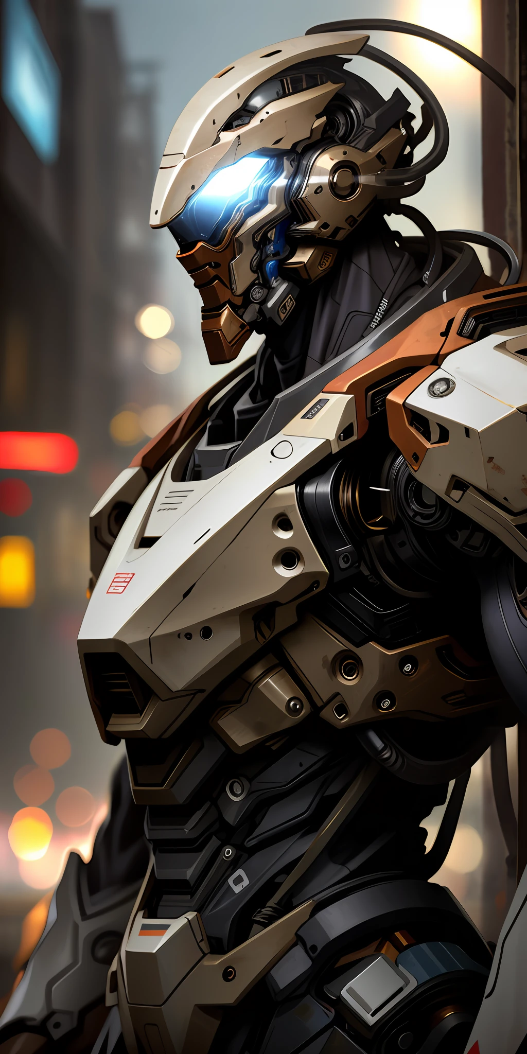 Portrait photo of an handsome male  ,perfect eyes ,  in a worn mecha exosuit,((light bokeh)), intricate, (steel metal [rust]), elegant, sharp focus, photo by greg rutkowski, soft lighting, vibrant colors, masterpiece, ((streets)), detailed face