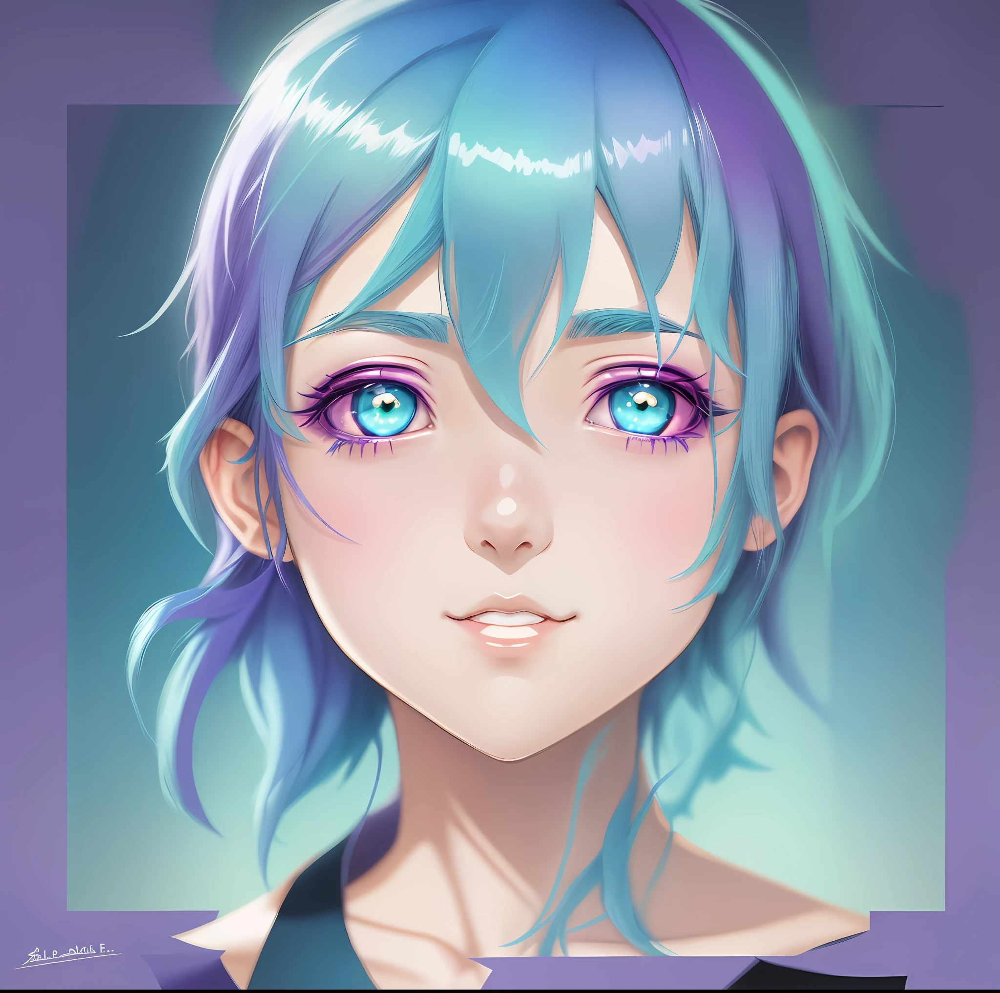 anime girl with blue hair and green eyes in a purple background, short blue haired woman, anime style portrait, girl with blue hair, anime girl with teal hair, anime character portrait, 2 d anime style, anime style character, semirealistic anime style, flat anime style shading, colored sketch, 2d portrait, 🤤 girl portrait, anime portrait, detailed color portrait