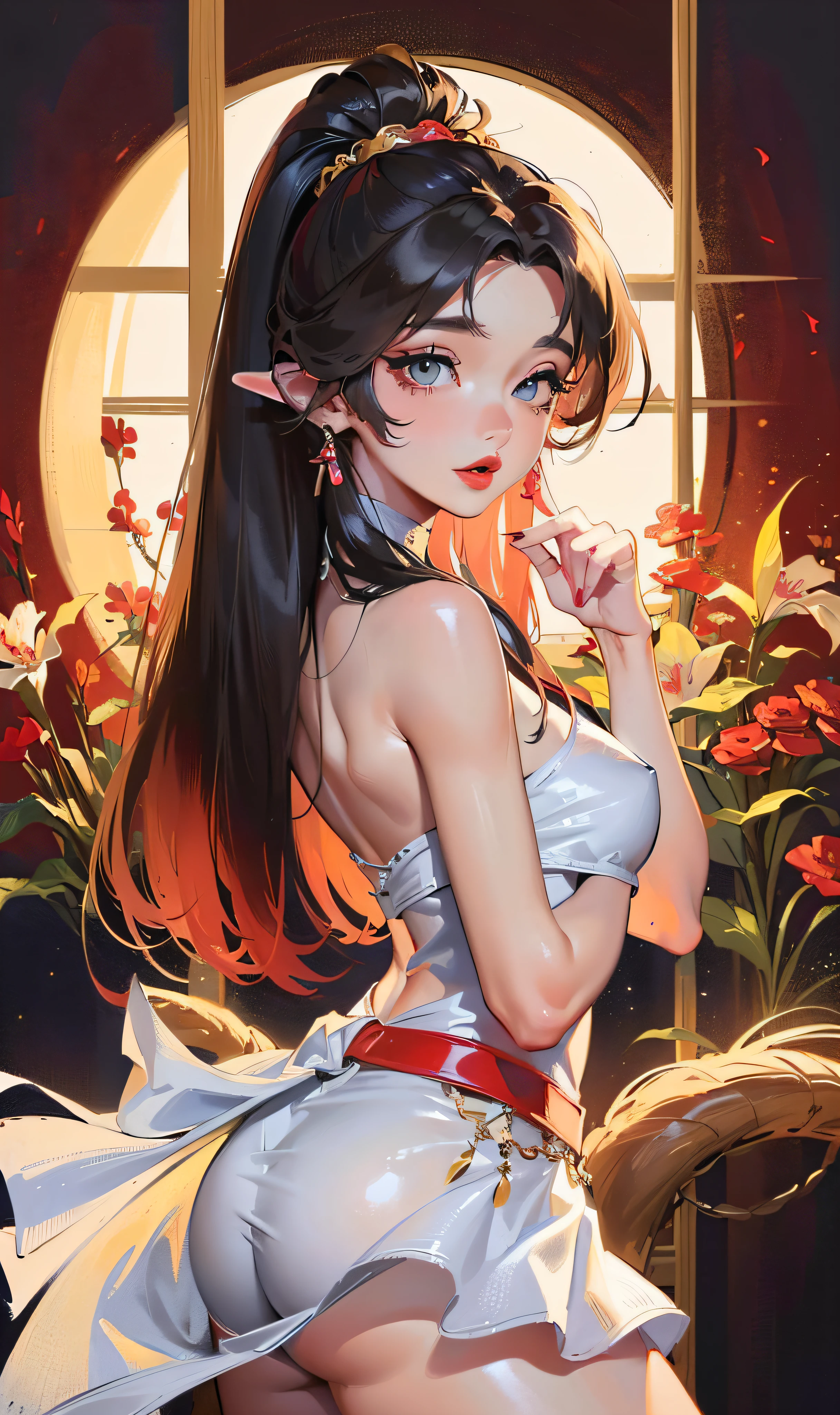 ((masterpiece, best quality, high resolution, solo, very detailed wallpaper, (beautiful gorgeous cute 22 year old asian woman: 1.2), beautiful eyes, eye reflex, red lips, shyness, big nose, cowboy shot, no background, hair accessories, posing)),