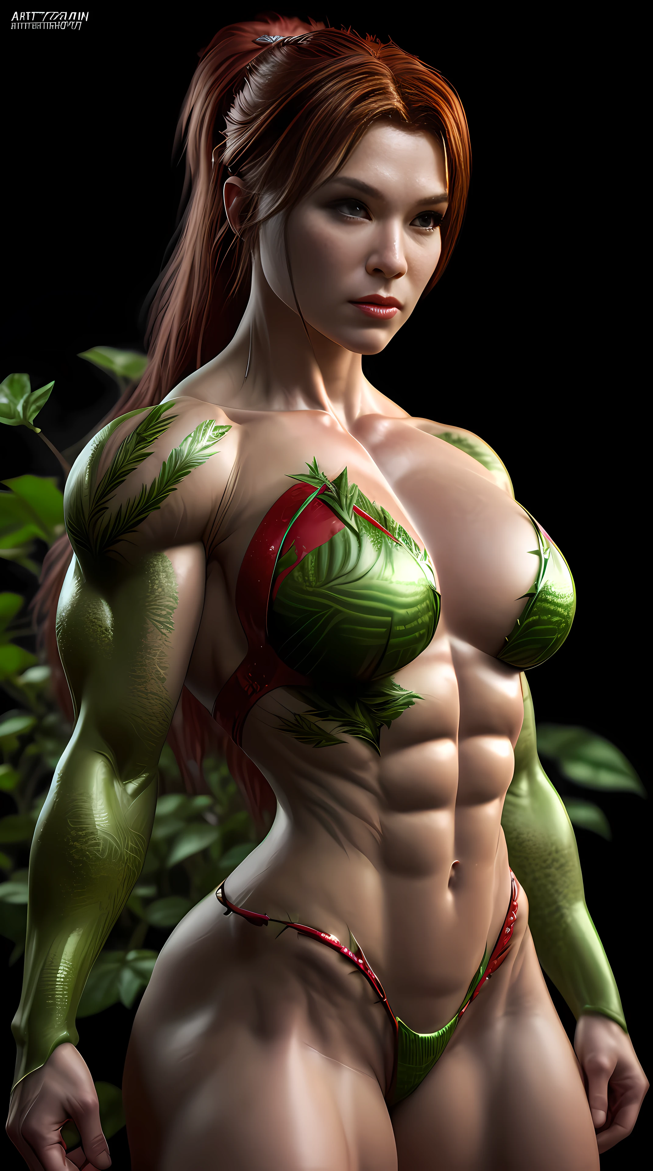 Cinematic soft lighting illuminates a stunningly detailed and ultra-realistic Poison Ivy bodybuilder, muscular, super strong, that is trending on ArtStation. Octane is the perfect tool to capture the softest details of this 16k photography masterpiece