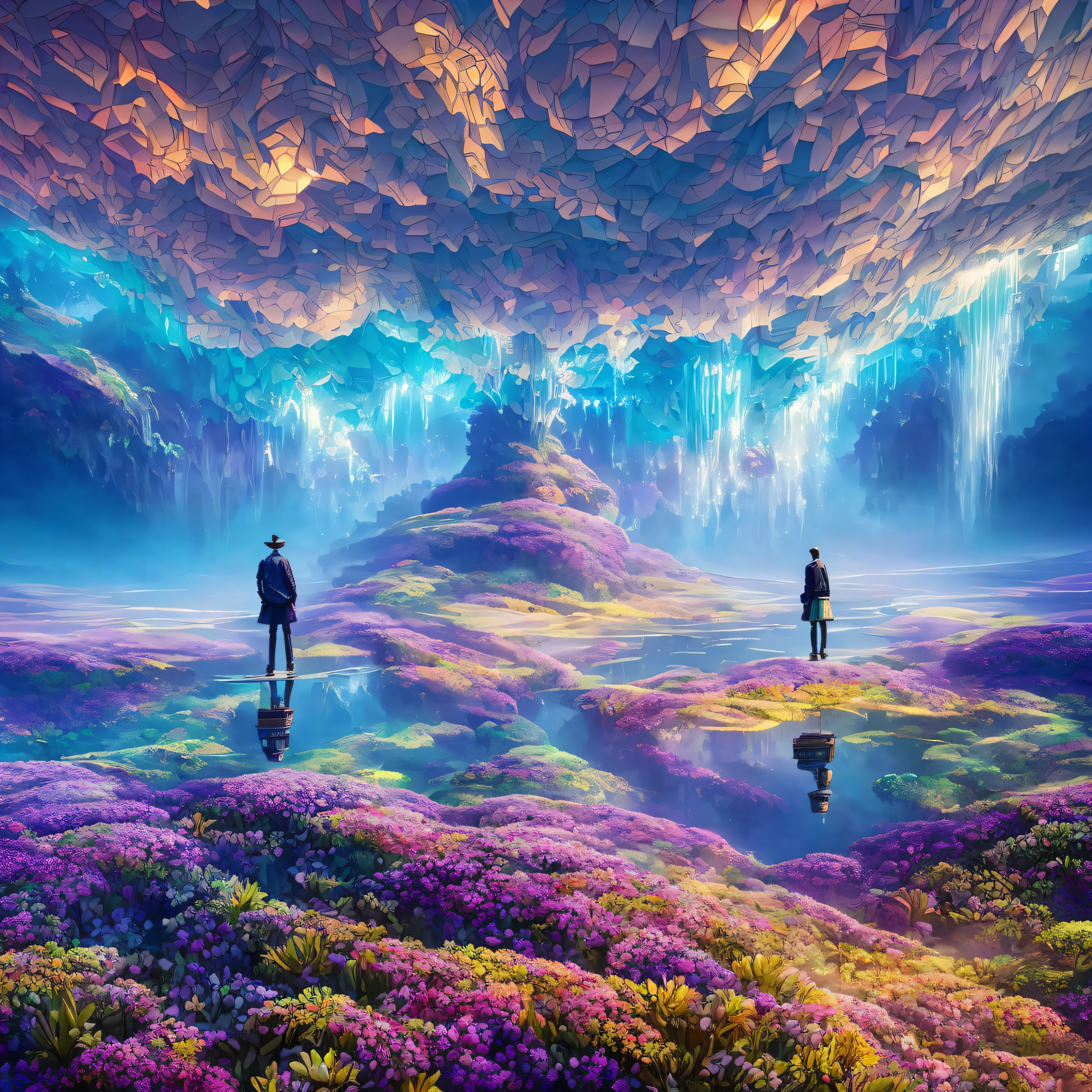 "Dreamscape": A surreal dreamscape where reality and imagination merge, featuring floating islands, shifting landscapes, and surreal creatures that defy logic, Surrealism, color field printing, high detail, UHD, 8k, anatomically correct, cinematic lighting 4d quality --auto --s2