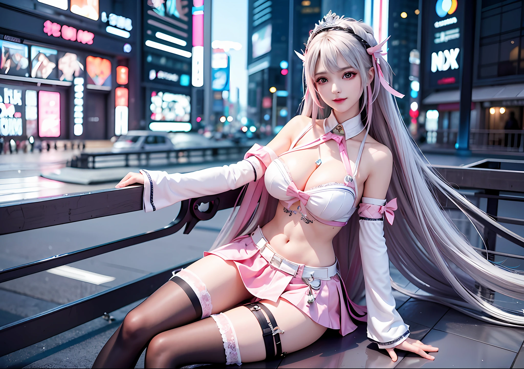 32k definition, high bitrate, 8k resolution, 1girl (1.8), silver long hair, cyberpunk style, stunning face, touching smile, feminine expression, nudity, crown, graffiti on face, face graffiti, big breasts, short skirt, pink lolita, ribbon, stockings, long legs, sitting position, dreamy city background