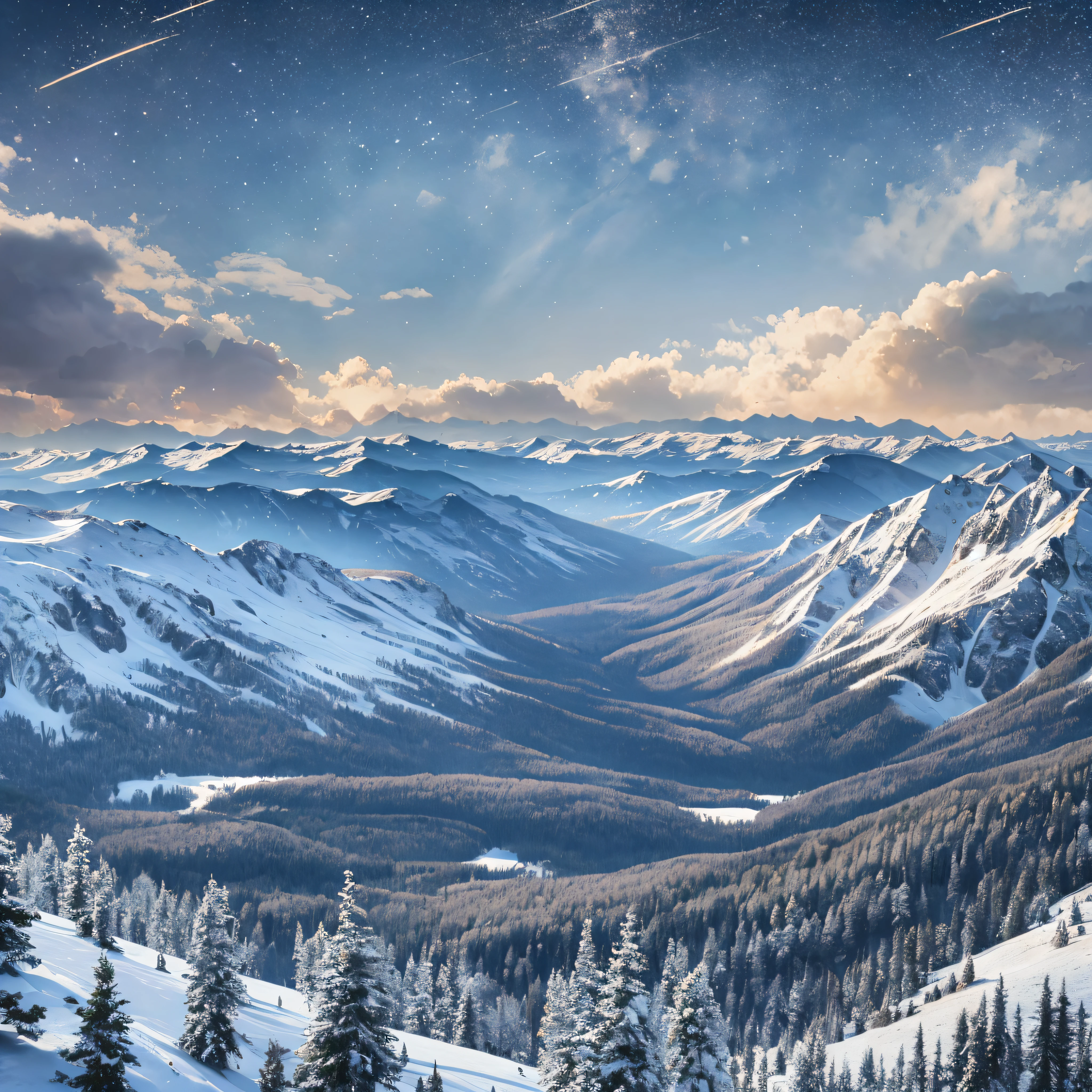 "Majestic Mountain Range": A breathtaking panoramic view of snow-capped peaks, deep valleys, and cascading waterfalls, capturing the grandeur and serenity of nature, Surrealism, color field printing, high detail, UHD, 8k, anatomically correct, cinematic lighting 4d quality --auto --s2