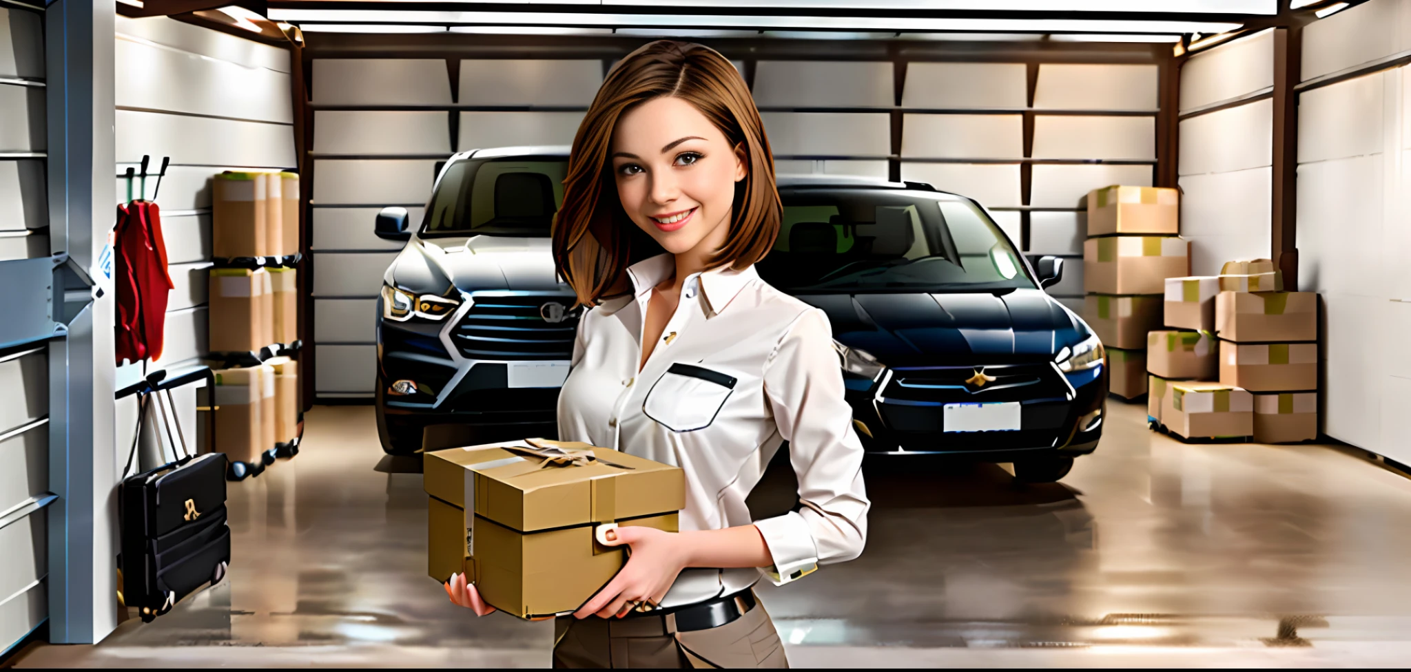 Stilo Dreamlikeart:1),(Redshift style:1.2), (white modern clothing style, with simple blouse, businesswoman ((appearing the whole body)), (Matrix style).

[Chloe Grace Moretz| Kristin Kreuk], ((in a warehouse (((she holding a box in her hand in the garage next to a VAN appearing whole and with the bags open and with boxes inside the suitcase))) and standing behind the van)), wearing white shoes, smiling, cheerful, holding a box in her hand, company clothes, luxury office, focus, smile, well dressed,  brown hair.