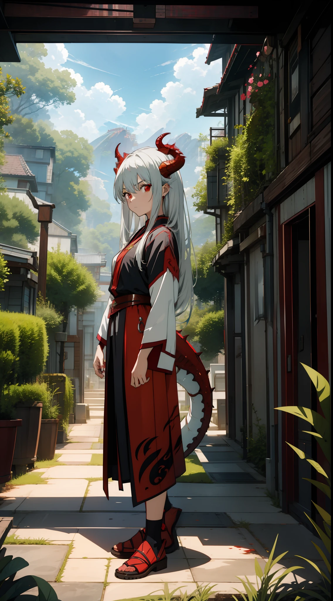 1 Girl, Dragon Girl, Dragon Girl, Ryujin, Silver Hair, Red Eyes, Dragon Horns, Dragon Tail, Concept Art, Beautiful Anime Scene, Beautiful Anime Scenery, Top Rated on pixiv, Best Quality, 4K