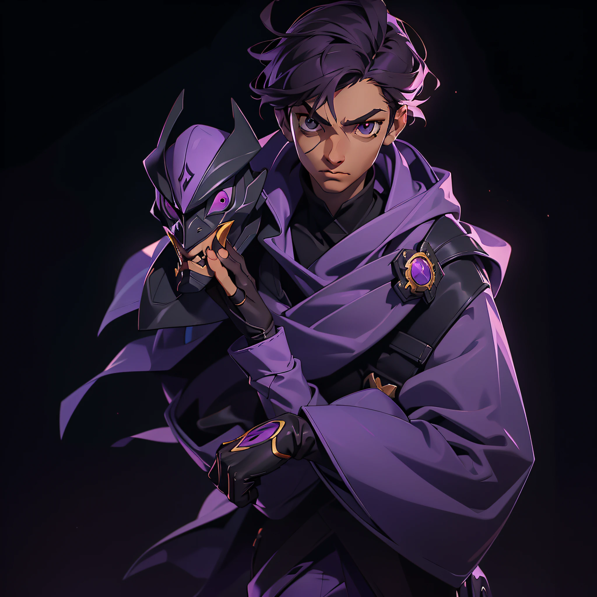 masterpiece, best quality, solo, zero\(geass code\), close-up, mask on head, black cape, black gloves, cape, formal, gloves, turtleneck, long sleeves, mask, purple shoes, purple pants, purple suit, black eye color suit, brown skin color