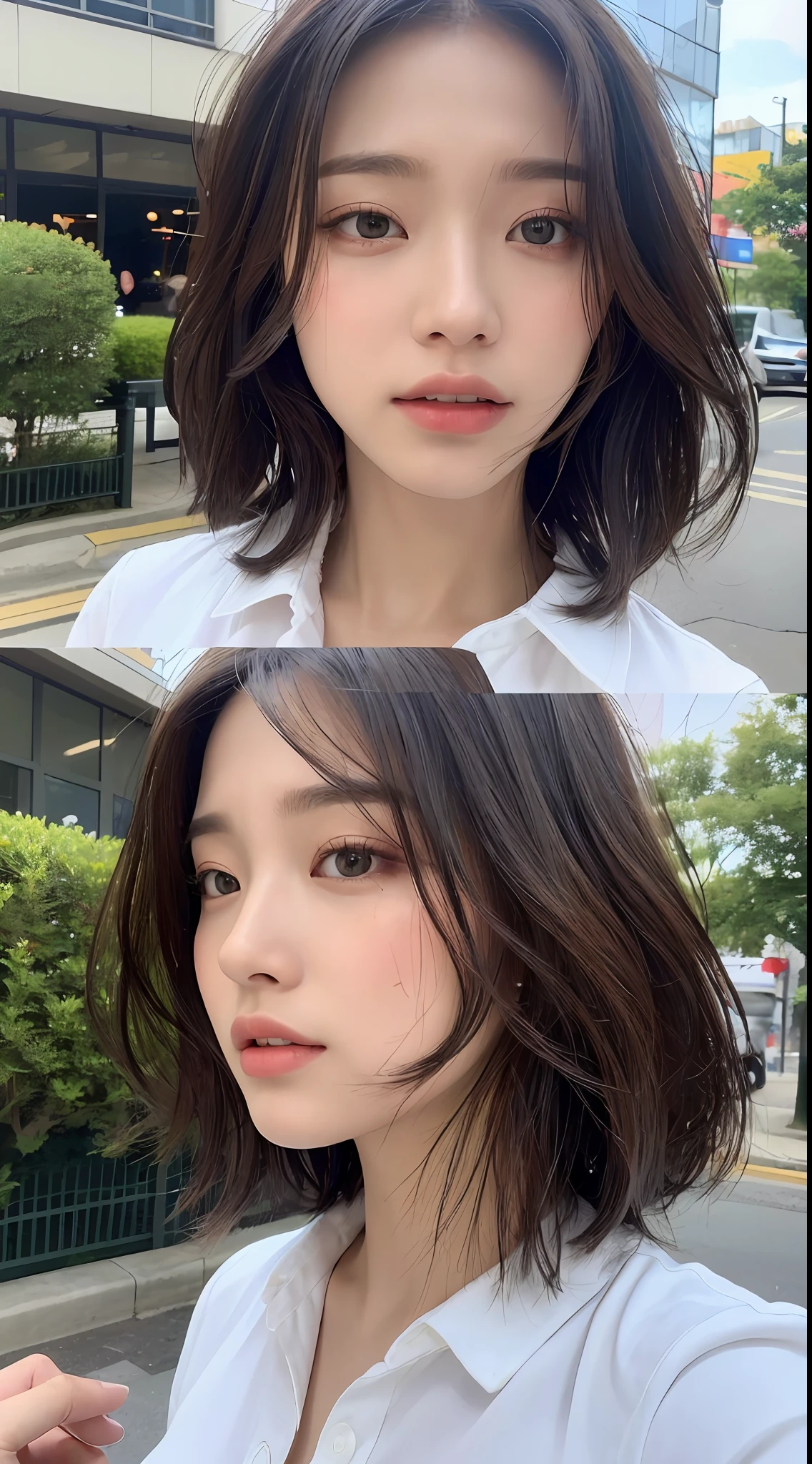 ((Best Quality, 8K, Masterpiece: 1.3)), Sharpness: 1.2, Perfect Body Beauty: 1.4, Slim Abs: 1.2, ((Layered Hairstyle, Big Breasts: 1.2)), (Wet White Button Long Shirt: 1.1), (Rain, Street: 1.2), Clothes Translucent: 1.5, Highly detailed face and skin texture, detailed eyes, double eyelids, side face looking at the camera