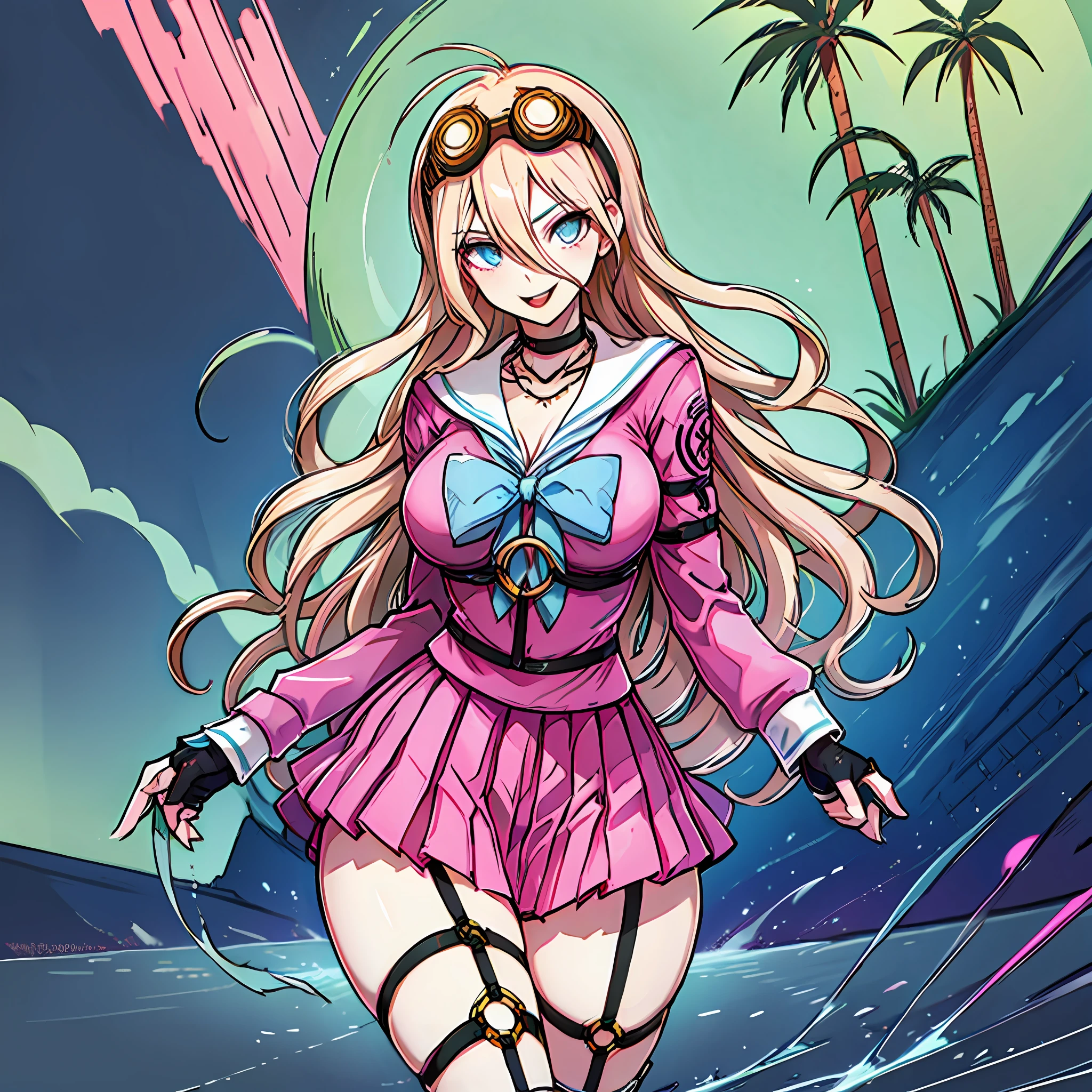 (correct body proportions), two legs, one face, perfect background, beach, solo, ((high resolution))), (high resolution, ultra_detailed, 4K, UHD), (masterpiece: 1.2), delicate eyes, perfect face, ((one person)), pink clothes, pink skirt, big breasts, beautiful legs, cute sexy ass, Miu Iruma / (projectile theory / ), right hands, (correct anatomy), five fingers, beautiful hands, two hands, blonde hair, goggles, aqua eyes, longeyelashes, Surrealism, ray tracing, cinematic lighting, anime style, 8k, super detail, 16k, award winning, best quality, high quality, high details, super detail, textured skin, anatomically correct, ccurate, retina, UHD, masterpiece