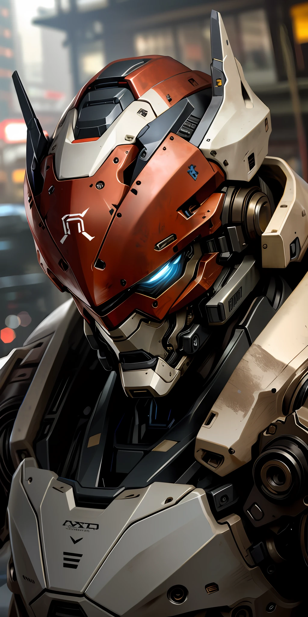 Portrait photo of an handsome male  ,perfect eyes ,  in a worn mecha exosuit,((light bokeh)), intricate, (steel metal [rust]), elegant, sharp focus, photo by greg rutkowski, soft lighting, vibrant colors, masterpiece, ((streets)), detailed face