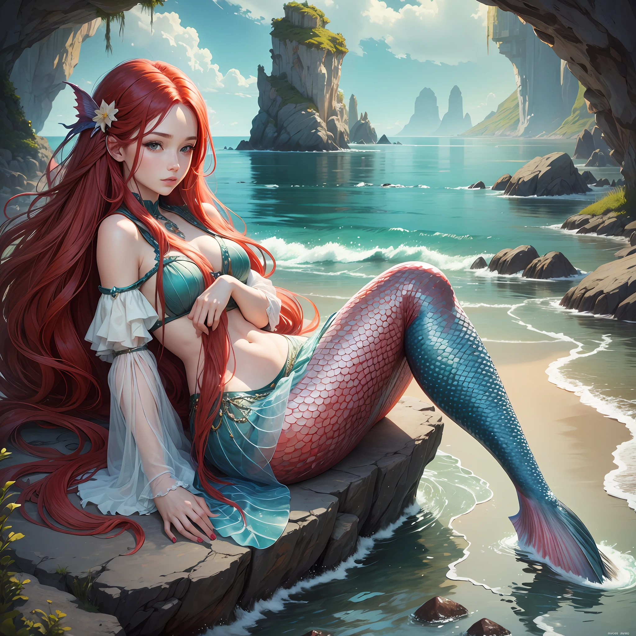 Very pretty mermaid with very long hair. Red hair. Sitting on a rock on the seashore. Photorealistic, hyperdetailed, high quality, 8k --auto --s2