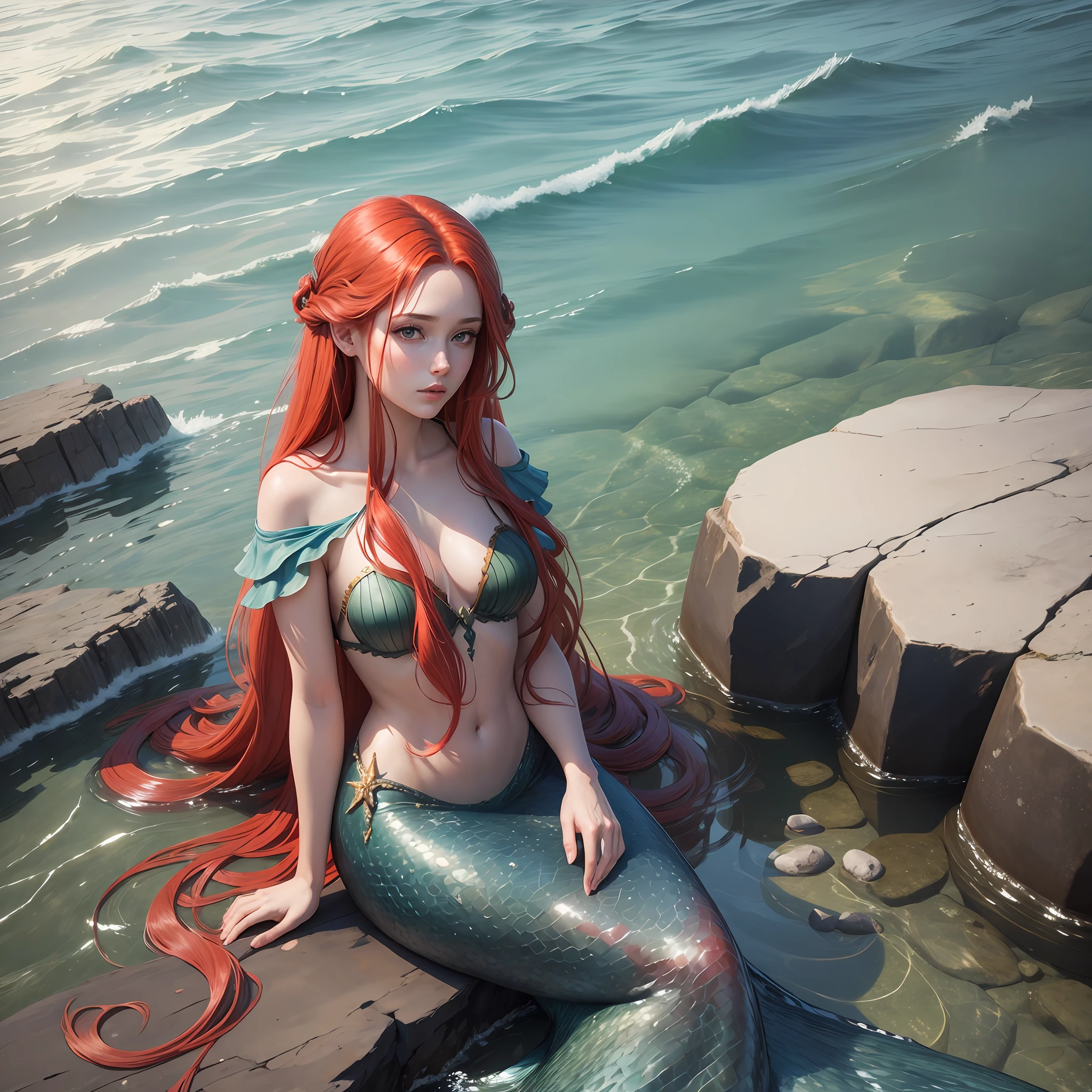 Very pretty mermaid with very long hair. Red hair. Sitting on a rock on the seashore. Photorealistic, hyperdetailed, high quality, 8k --auto --s2