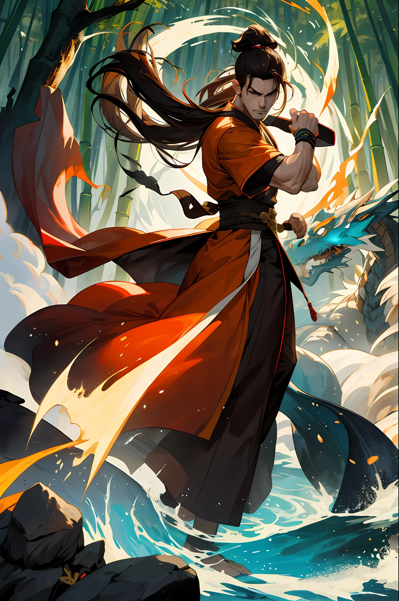 (Absurd, intricate details, masterpiece, best quality, high resolution, 8k), 1 male, mature, handsome, tall muscular man, broad shoulders, ponytail hair, dark brown eyes, fine eyes and detailed face, behind him is a huge water element, (style swirl magic: 0.7), (full body: 0.6), (Chinese fantasy theme: 1.1), hair fluttering in the wind, martial artist, dynamic pose, combat stance, clenched fists, fingerless gloves, wristbands, dragon-themed costumes, monk robes, Bamboo forest in background, rotating floating particles, dynamic composition, mysterious oriental medieval atmosphere, depth of field, visual effects.