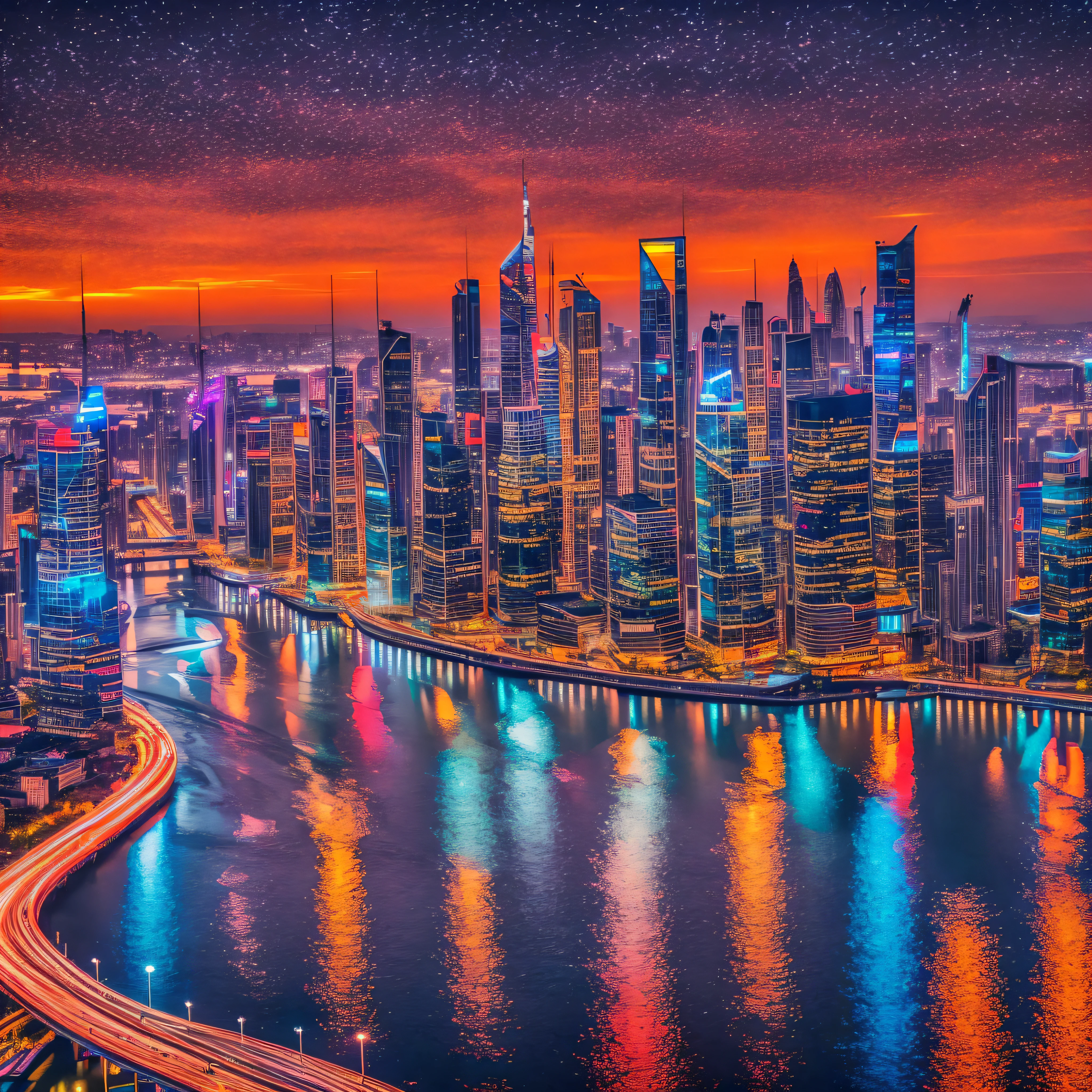 "City Nightscape": A dazzling nighttime cityscape with gleaming skyscrapers, illuminated streets, and vibrant reflections in the river, showcasing the energy and modernity of urban life, Surrealism, color field printing, high detail, UHD, 8k, anatomically correct, cinematic lighting 4d quality --auto --s2