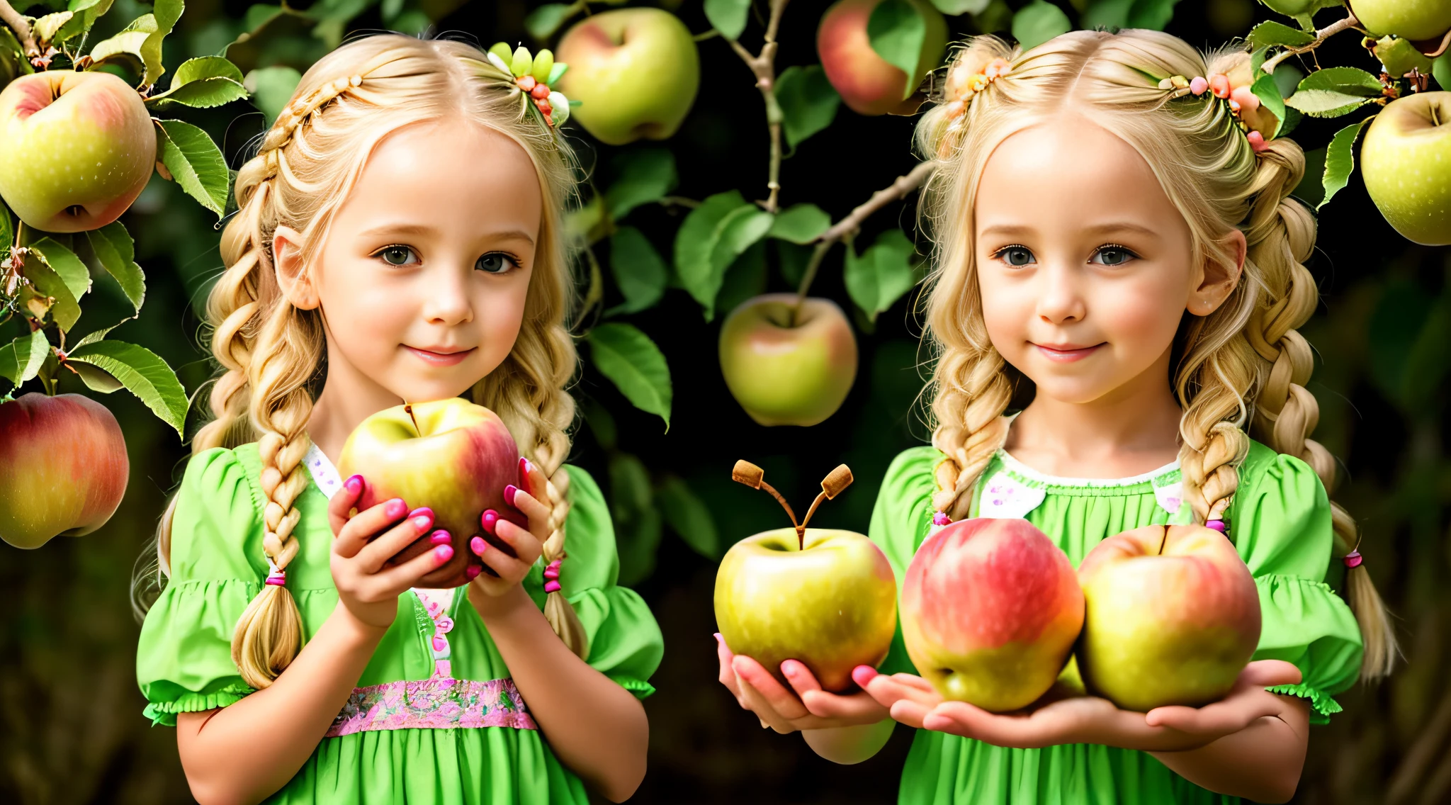 GIRL CHILD BLONDE HAIR OF BRAIDS, holding two green apples in front of her face, holding an apple, eating rotten fruit, a holding apple in hand, green apples, holding maracas, with apple, slime, apples, she is guiding a peach, sentient fruit, green slime, holding Easter eggs, promo still, 3 4 5 3 1, photoshoot