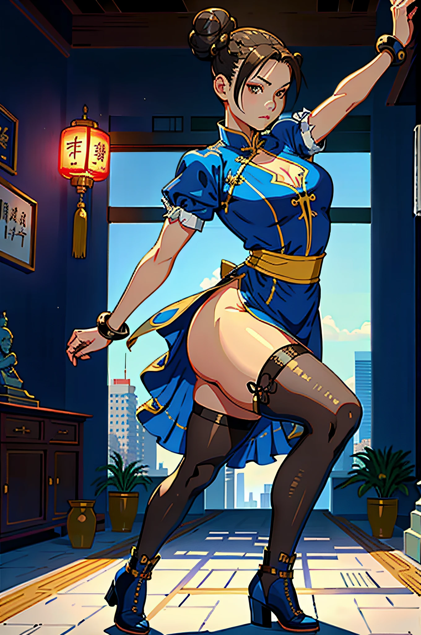 masterpiece, beautiful, 1girl, Chun li, street fighter, boots, bracelet, brown eyes, brown hair, brown pantyhose, bun cover, blue china dress, chinese clothes. cross-laced footwear, double bun, dress, fighting stance, full body, hair bun, jewelry, pantyhose, pelvic curtain, sash, short hair, solo, spiked bracelet, spikes, blue dress,