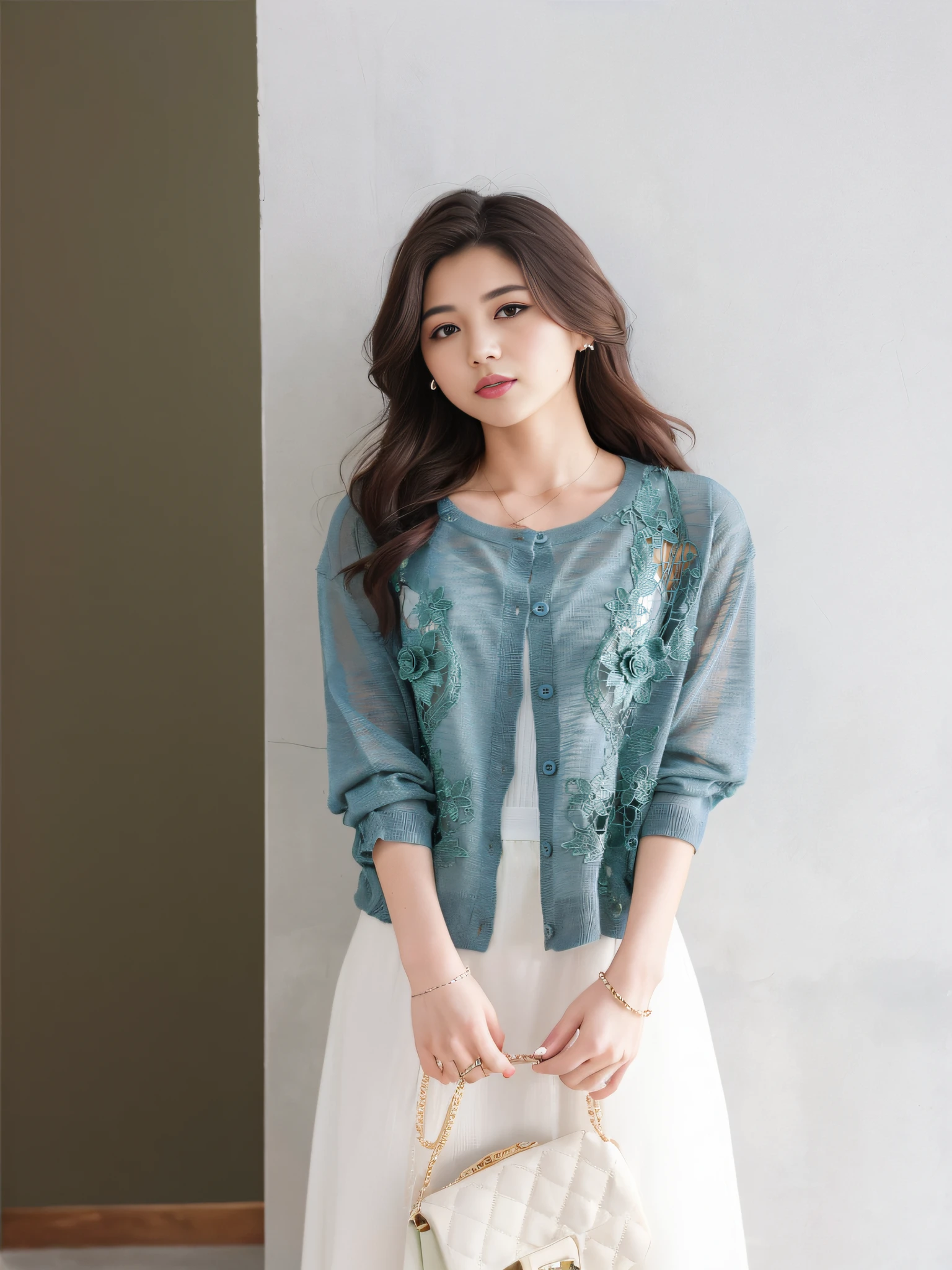 araffe woman in a white dress holding a white purse, with teal clothes, casual green clothing, cardigan, modern casual clothing, korean women's fashion model, sea - green and white clothes, casual modern clothing, green clothes, high quality], product introduction photo, wearing a cardigan, ( ( dark green, trendy clothes, official product image, wearing in cardigan --auto --s2