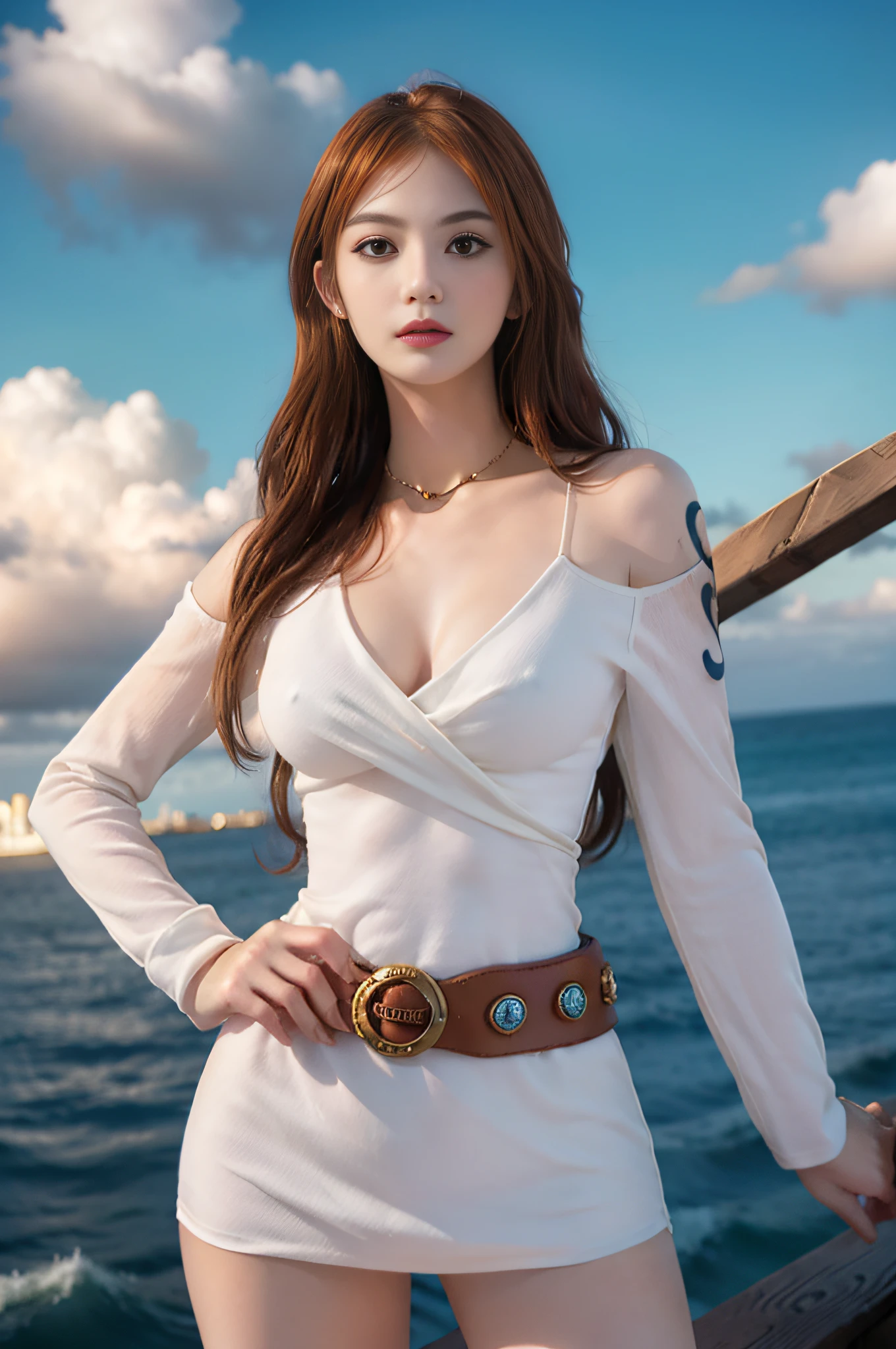 (((masterpiece+best quality+high resolution+ultra-detailed))), Nami\(one piece\), long silky orange hair, high nose, sharp eyes, noble and inviolable temperament, (([female]: 1.2 + [beauty]: 1.2 + orange long hair: 1.2)), pirate ship background, ((she is holding a clima-tact)), blue sky, gold bracelets, clouds, white long sleeve mini dress and donned another belt, shoulder tattoo, bright eyes, dynamic angle and posture.