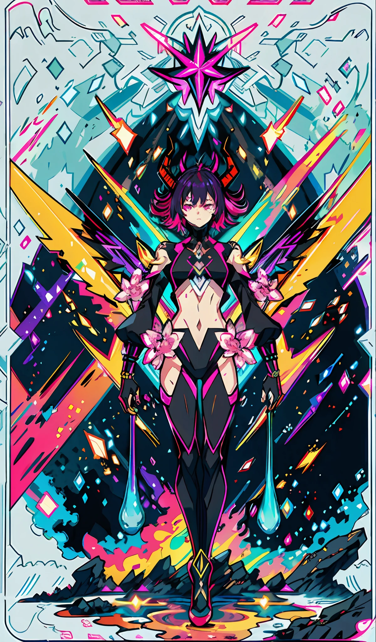 portrait | wide-angle eye shot to one side of the frame, sexy succubi woman with horns and demonic eyes and demon wings, looking out from a distance ::8 style | Daydreampunk with bright skin and eyes, stylized in headdress, gorgeous, she is dripping in neon lights, very colorful red, purple, pink, black, bioluminescent, bright ::8 background | forest, neon vivid wonderland, particles, red, purple, pink, black ::7 parameters | Rule of thirds, golden ratio, asymmetric composition, hyper-maximalist, octane render, photorealism, cinematic realism, unreal engine, 8k