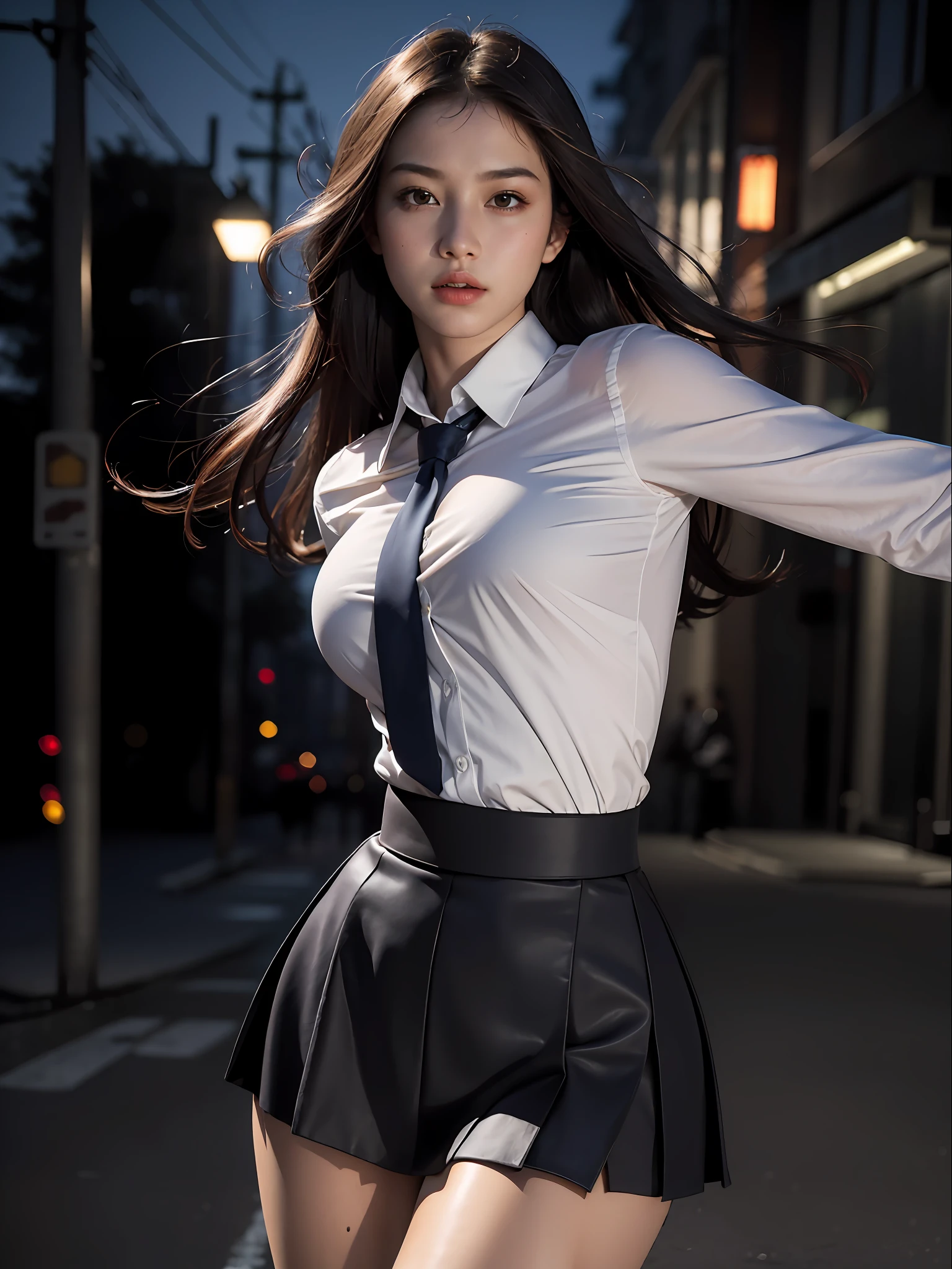 Best quality, masterpiece, ultra high res, (photorealistic:1.4), raw photo, (perfect body shape), dynamic pose, 1girl, waist up, solo, school uniform, in the dark, night, on the street, deep shadow, low key, cold light 12000K