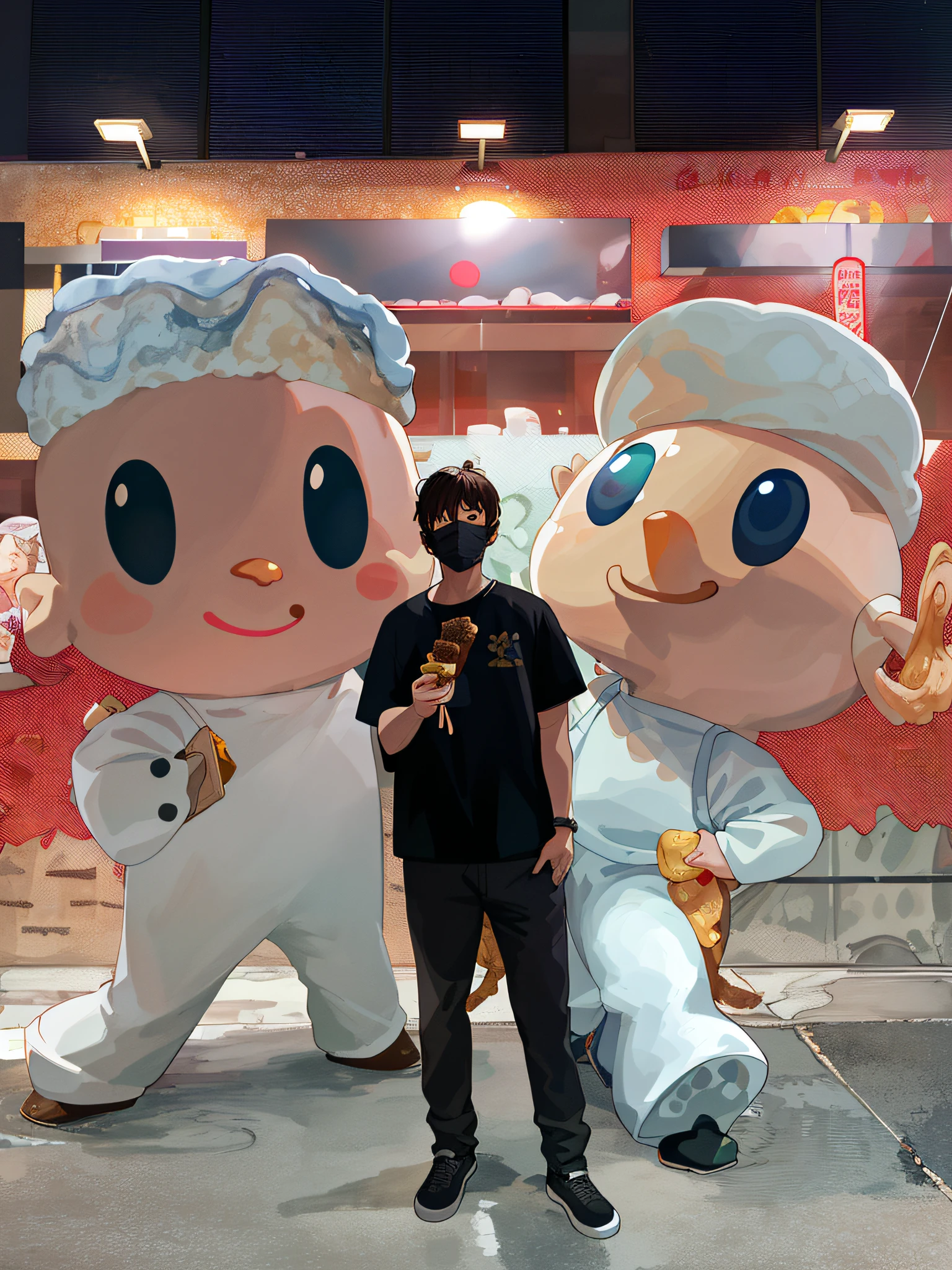 masterpiece, best quality, highres, 1woman, mature, looking at viewer, taiwan night, on the street, (metal steel building:1.2), upper body, detailed shirt , brown wavy hair, (oyster omelet:1.1) and stinky tofu and (oyster vermicelli:1.2) and bubble tea on table,