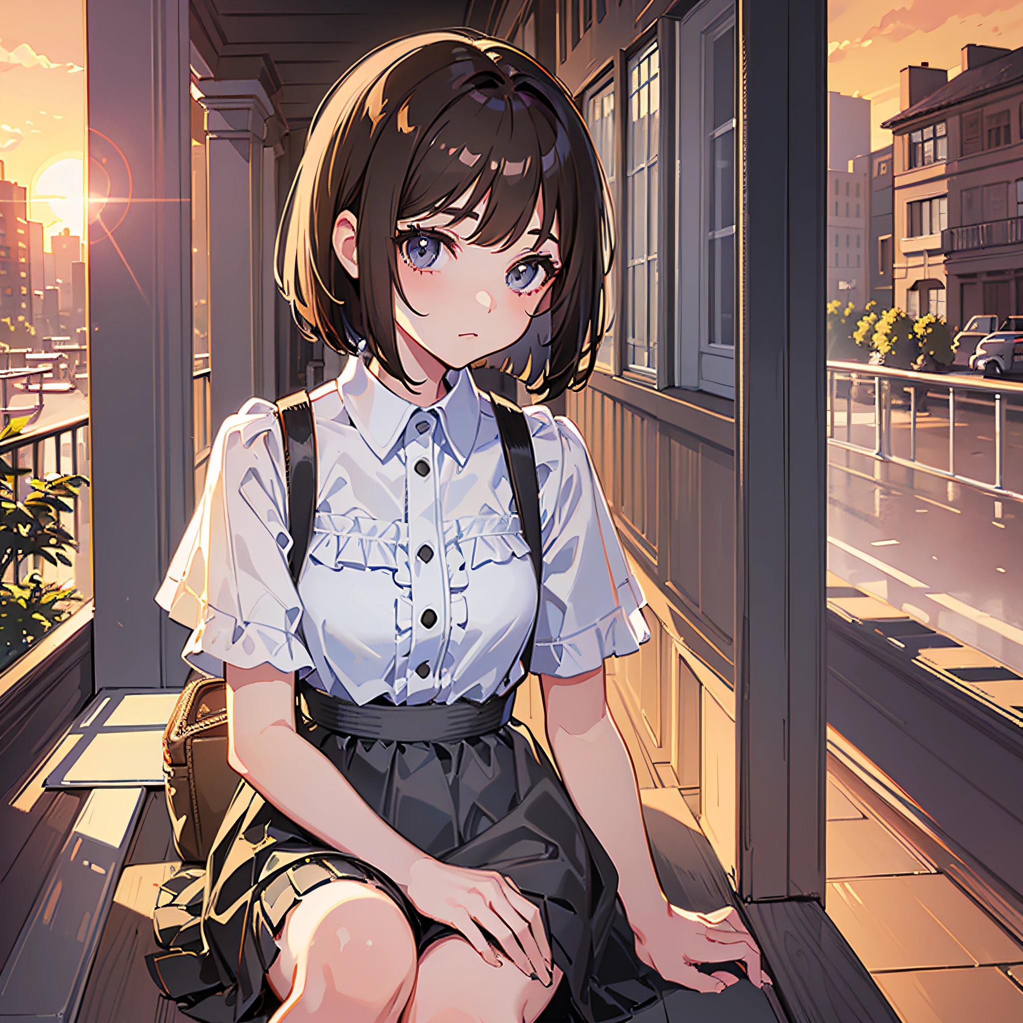 (masterpiece,finely detailed beautiful grey eyes: 1.2),(no lineart:1.2),1girl,backlighting,portrait,brown hair,bob cut,cotton ruffle shirt,sky,sunset,cafe,skirt,knees,chatting --auto --s2