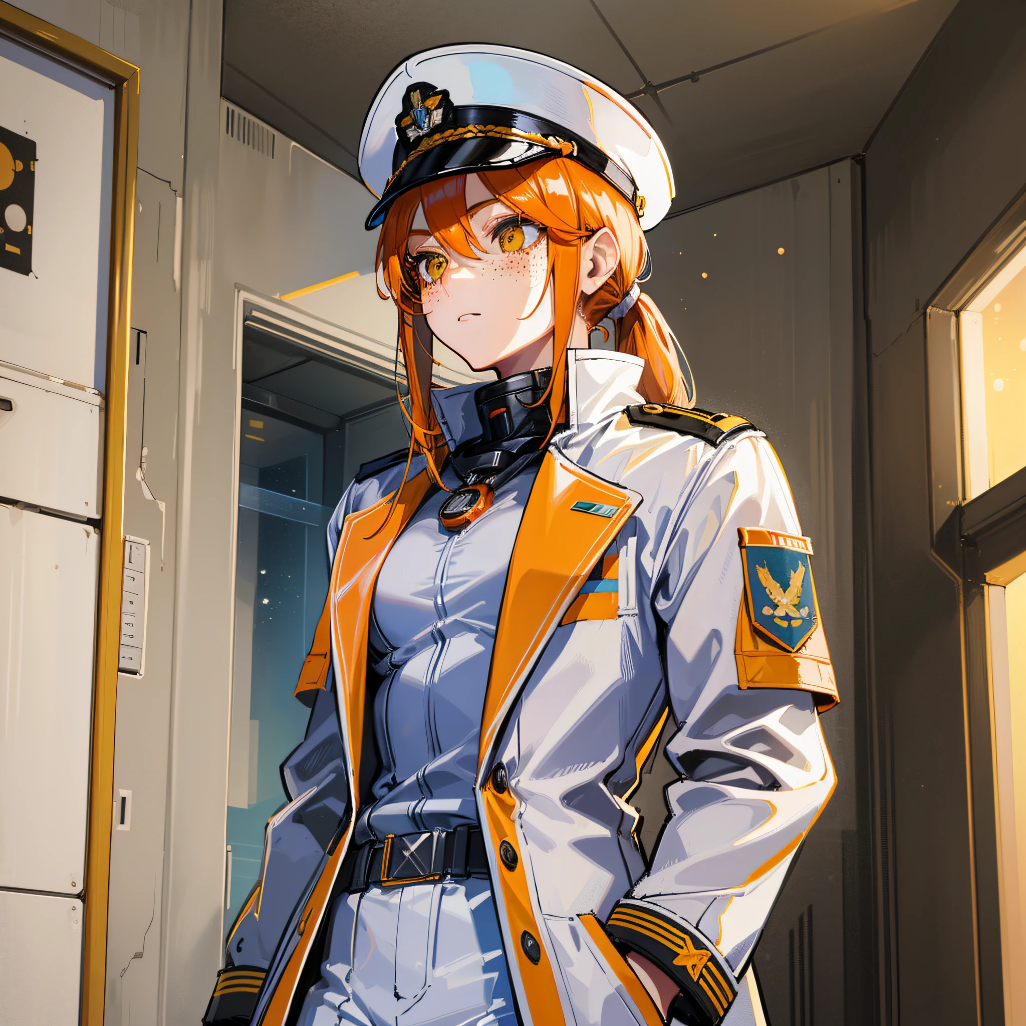 ((Masterpiece)), ((Highest Image Quality)), ((Best Quality)), (Illustration of One Girl), Full Body, 25 Years Old, Neutral, ((Freckles))), Orange Hair Ponytail, Yellow Eyes, (Tall Body)), Big, (Muscular Strong Body)), ((Muscular Strong Body)), (Military Uniform)), (Military Hat)), ((Army Coat)), (White Clothes), (White Pants), (White Hat), Trench Coat, ((Inside the Spacecraft)), (Outside the Window, Space, Earth as seen from space, Spaceport)