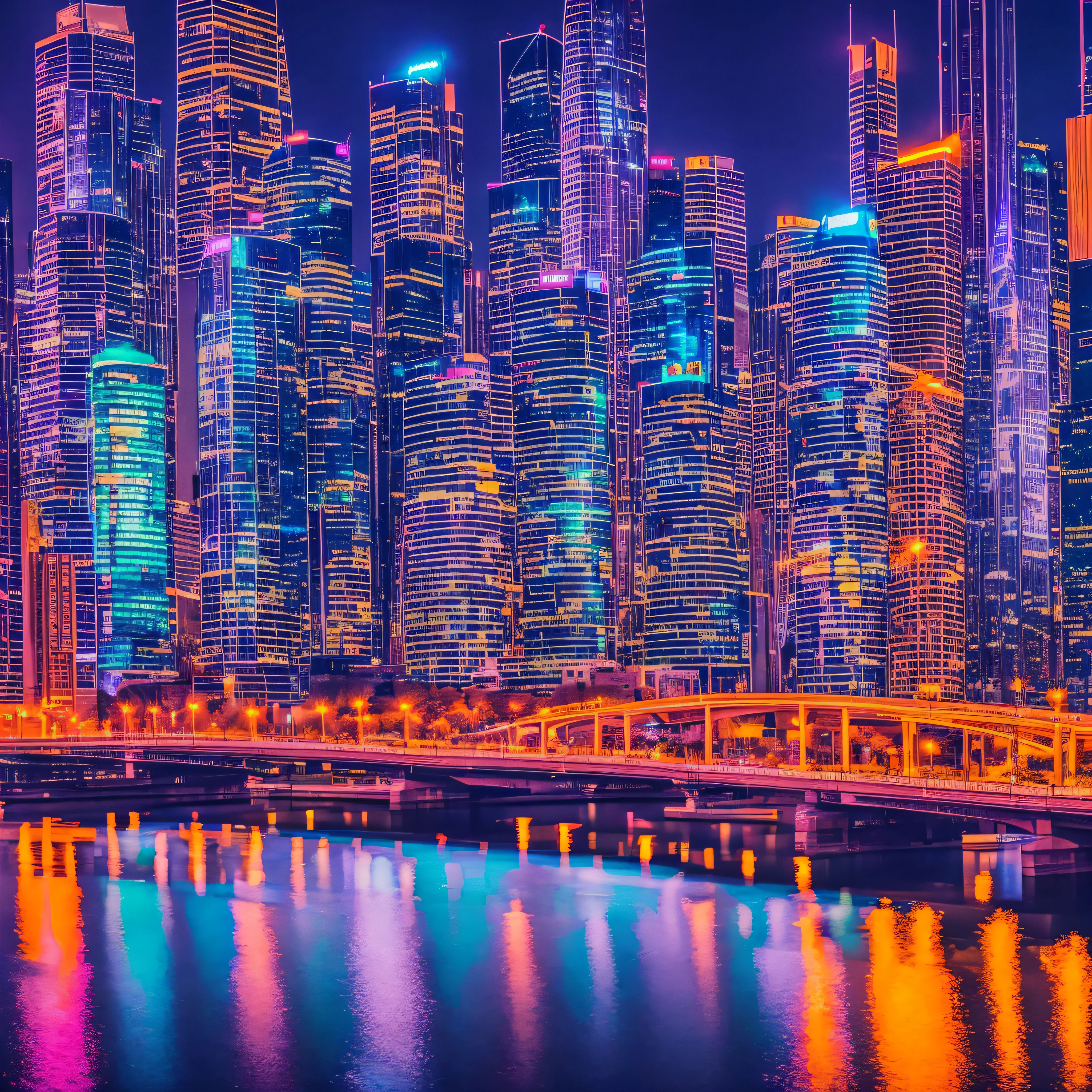 "City Nightscape": A dazzling nighttime cityscape with gleaming skyscrapers, illuminated streets, and vibrant reflections in the river, showcasing the energy and modernity of urban life, Surrealism, color field printing, high detail, UHD, 8k, anatomically correct, cinematic lighting 4d quality --auto --s2