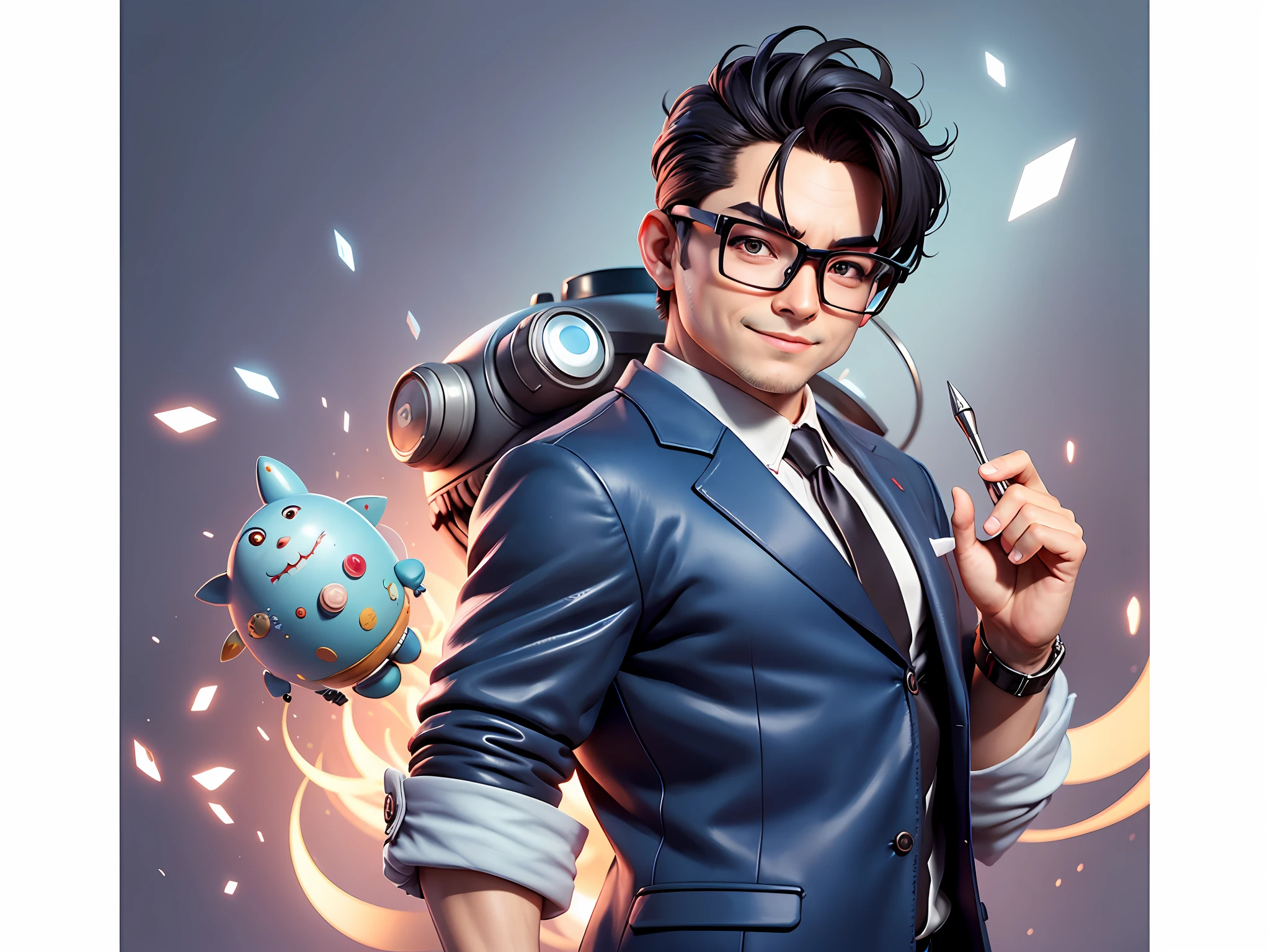 Masterpiece), (Excellent), (Super Meticulous), (Full Body: 1.2), Super Young Woman, Beautiful, Sexy, Bursting, Oriental Face, TV Anchor, Bust Portrait Illustration, Alone, Black Suit, Blue Tie, Silver Glasses, Slightly Chubby Face, Very Clean Face, No Beard, Black Super Short Hair, Black Eyes, Confident Smile, 3c Computer Sub-Products, iPad, iPhone, Digital Painting, 3D Character Design by Akira Toriyama with Mark Claireden and Pixar and Hayao Miyazaki, The illustration is a high-definition illustration in 4K resolution with very detailed facial features and cartoon-style visuals.