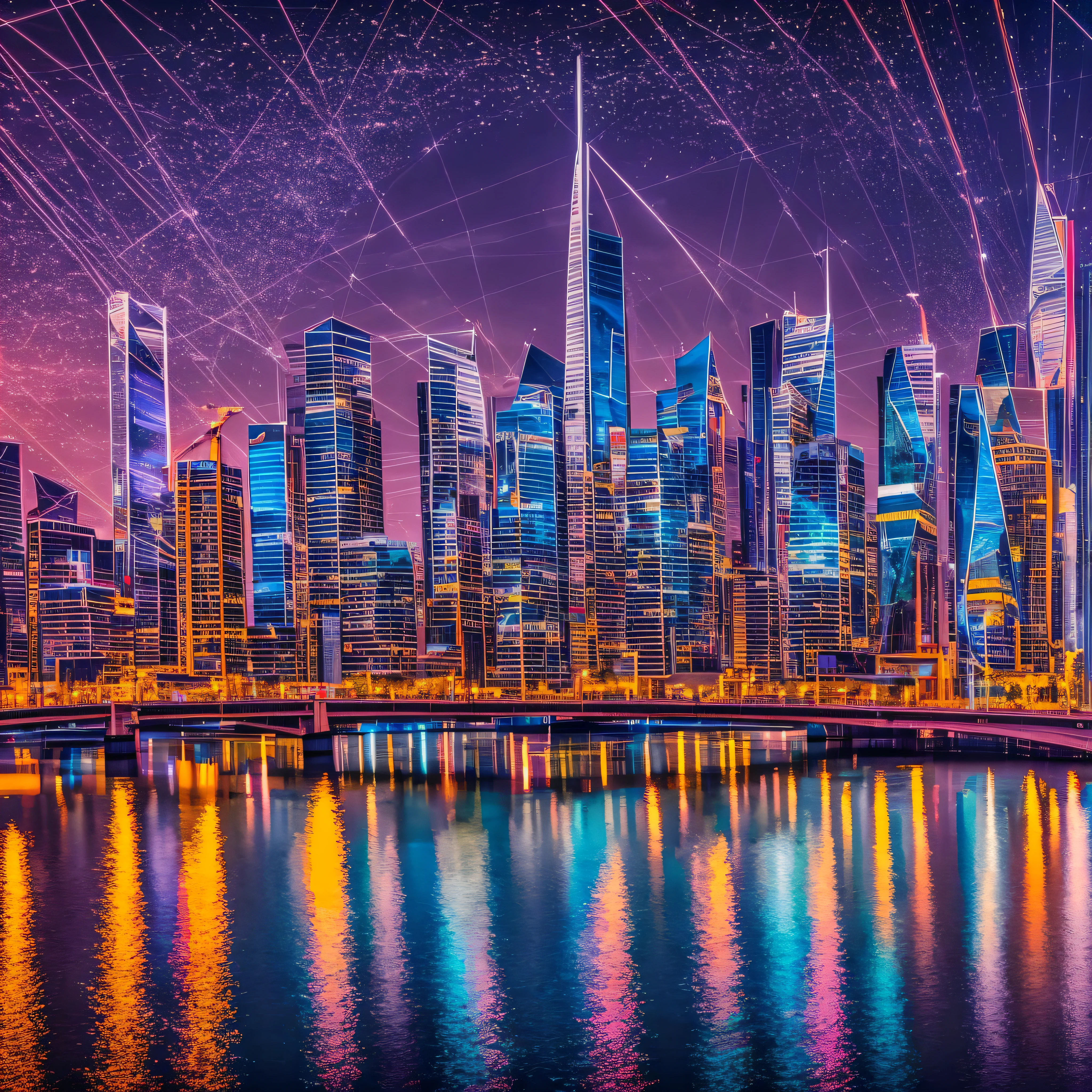 "City Nightscape": A dazzling nighttime cityscape with gleaming skyscrapers, illuminated streets, and vibrant reflections in the river, showcasing the energy and modernity of urban life, Surrealism, color field printing, high detail, UHD, 8k, anatomically correct, cinematic lighting 4d quality --auto --s2