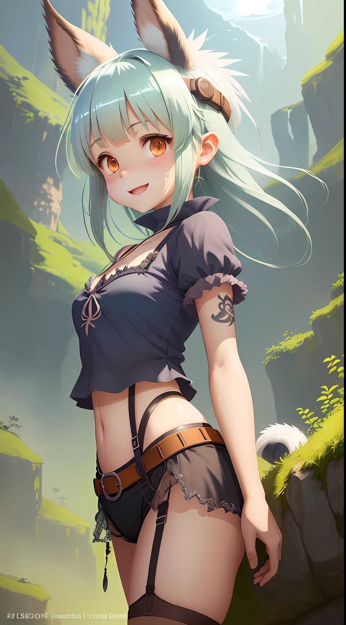 "An extremely detailed CG illustration of 1 girl,(shiny sweaty body), (low-cut blouse), (no bra), colorful, her upper body in focus and looking up towards the viewer,with (fake smile) slightly open mouth, (short clothes), tattoo, bright sweaty roto, detailed perfect face, (transparent garter belt), view from below with a dynamic angle. The art style is reminiscent of Nanachi from "Made in Abyss," with a sharp focus and fine outline."