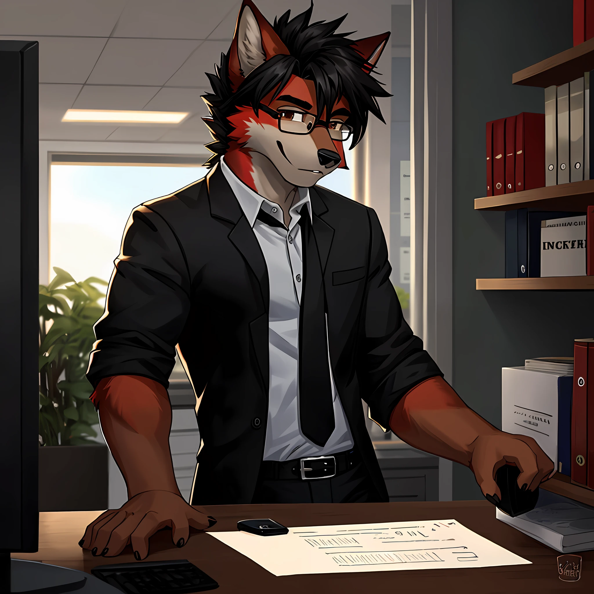 anthro, red wolf, 1boy, young adult, black social clothing, glasses, detailed clothing, soft light, great lighting, black hair, brown eyes, hairstyle, solo, only one character, only one person, only one, no group, no double, in the office