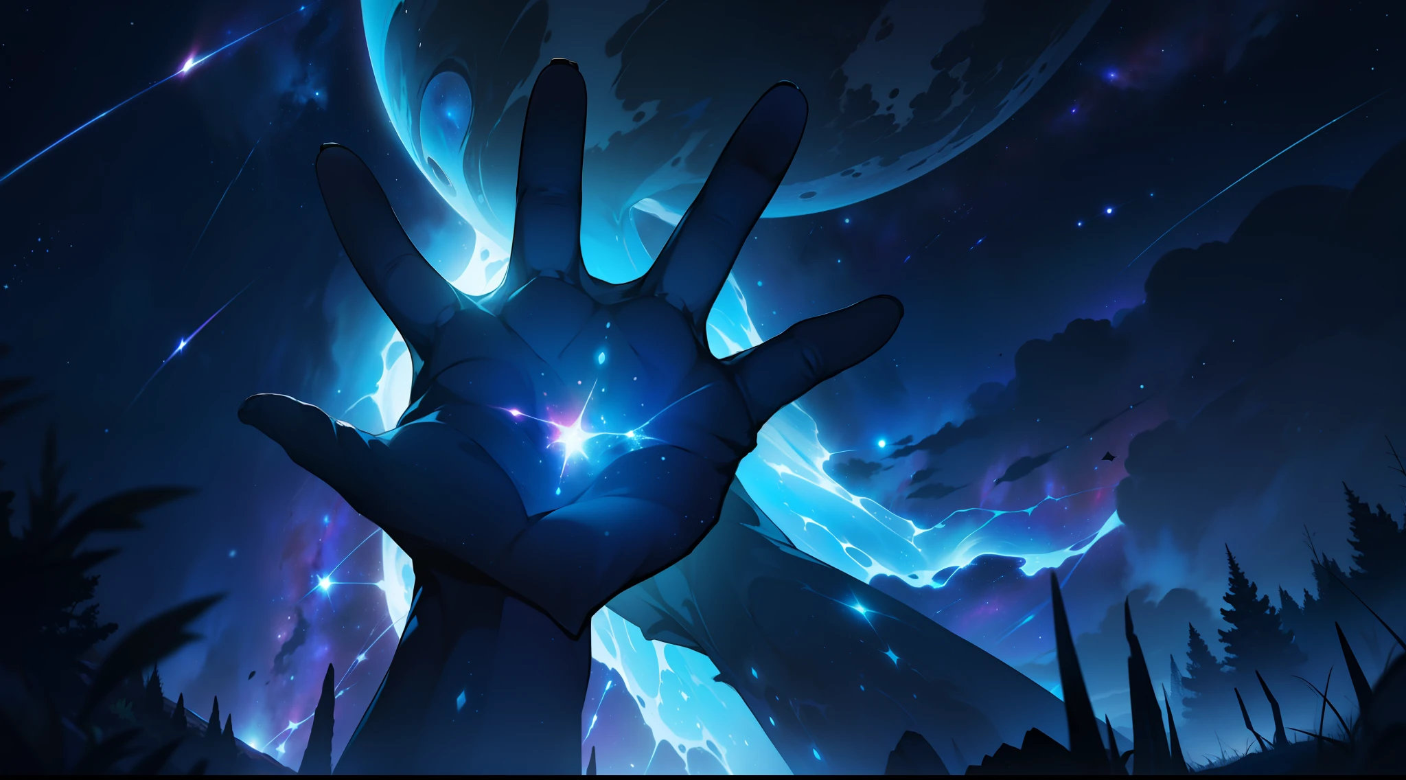 (cosmic entity emerging from the darkness of the galaxy),(dark blue colors,stars:1.1,bright),(hands extended,glow:1.05)