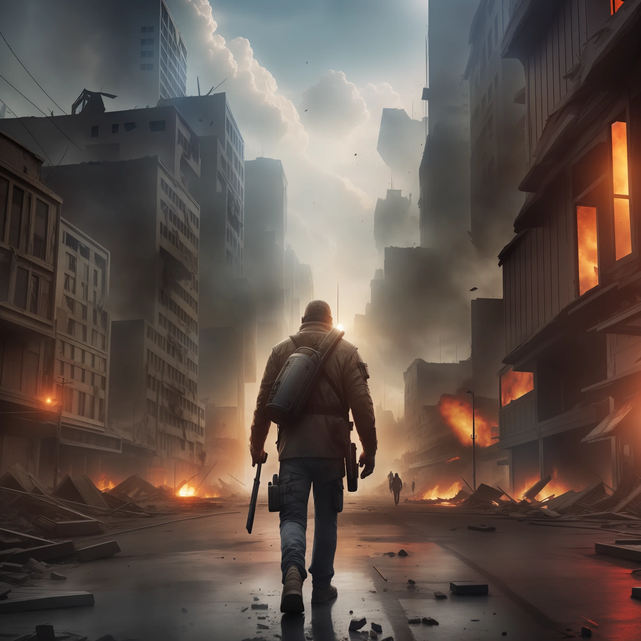 A 56-year-old man walking in an apocalyptic city, destroyed city, blood everywhere, 4K, HD, artwork, realistic, realistic lighting, fully detailed, neutral lighting --auto --s2