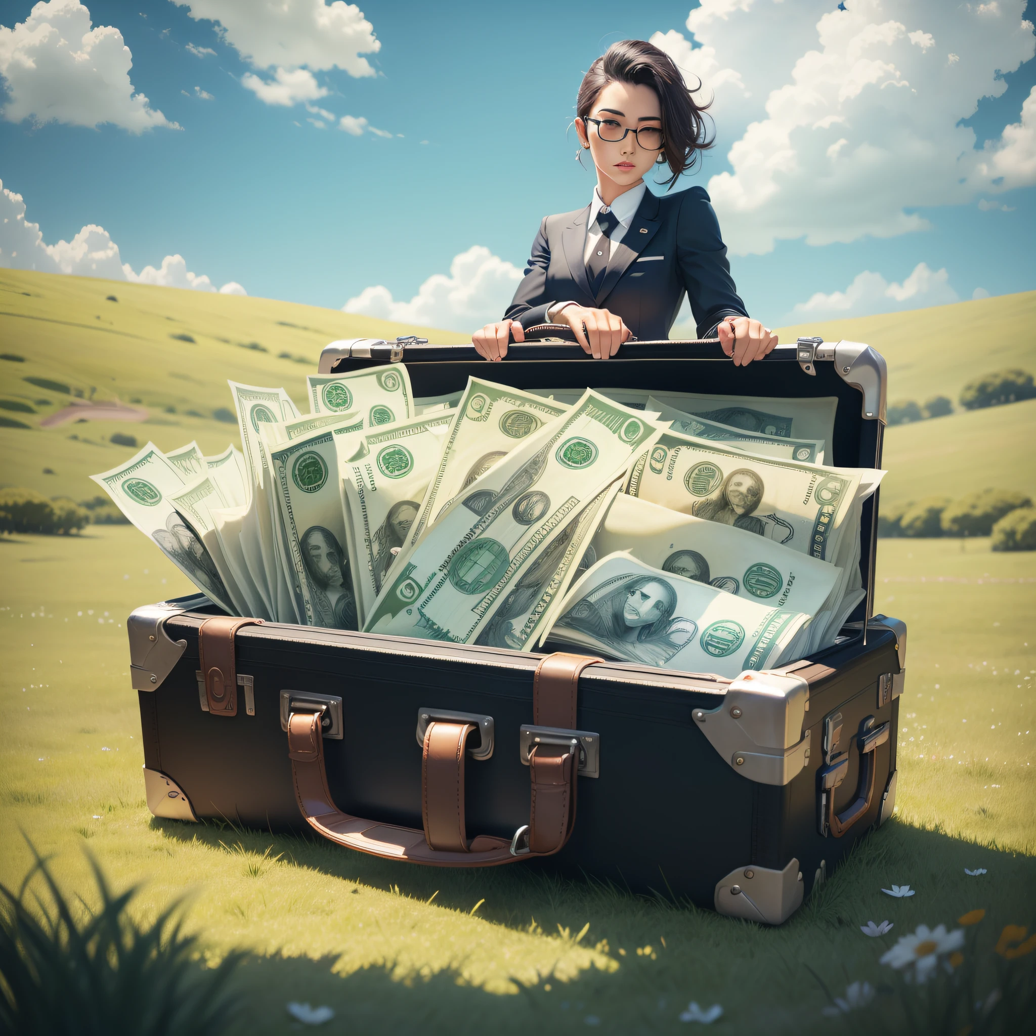 a suitcase full of money on top of the grass --auto --s2