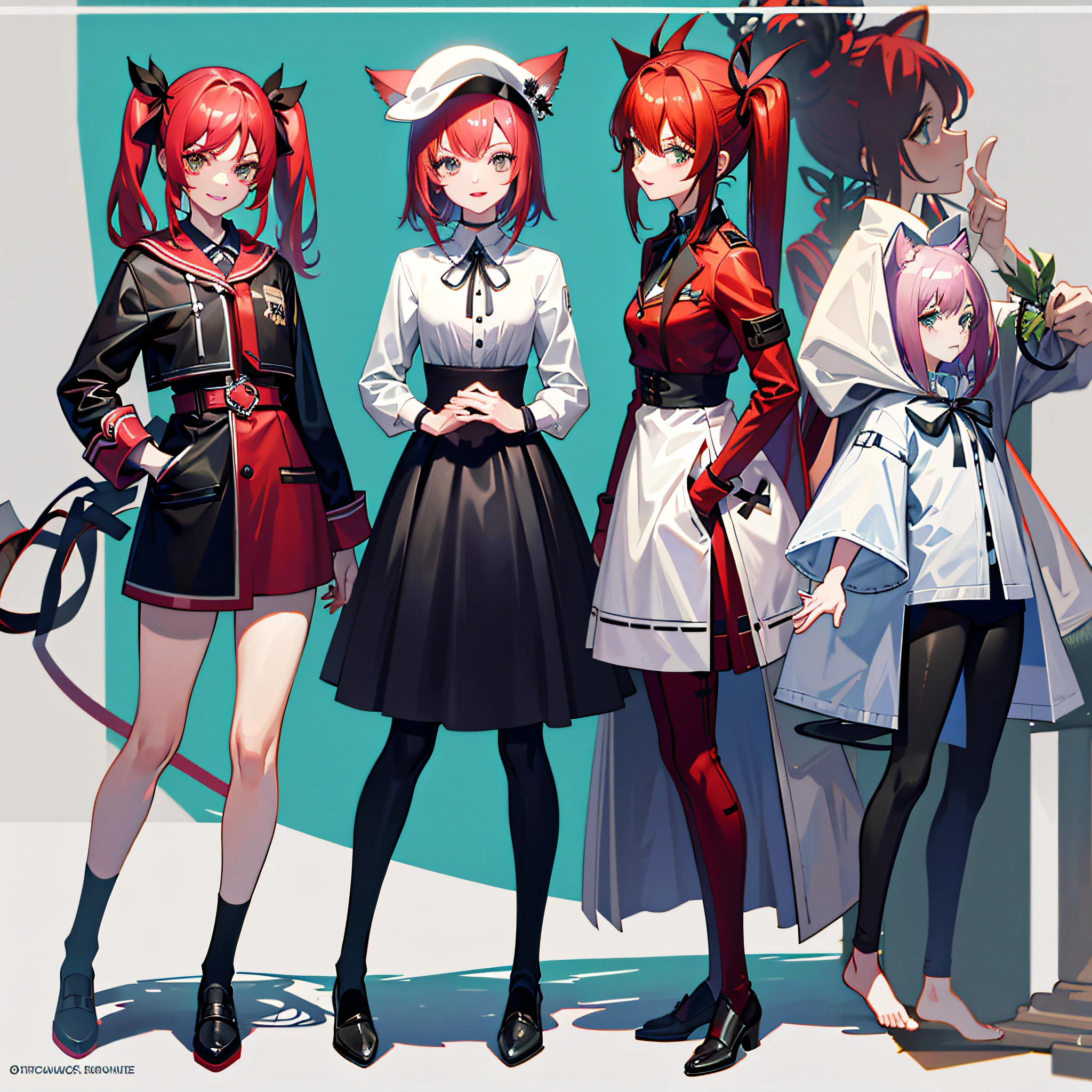 two side up, red hair, grey eyes, coat, standing, looking at viewer, pov, 1girl, smile, hat, ribbon, flat chest, cat ears, cat tail, take a picture of the whole body, Green Background, {{1girl}}, {{{full body}}}, {solo}, {expressions face}, multi angle, reference sheet, {standing}, {{{white background}}}, simple background, {{{{masterpiece}}}}