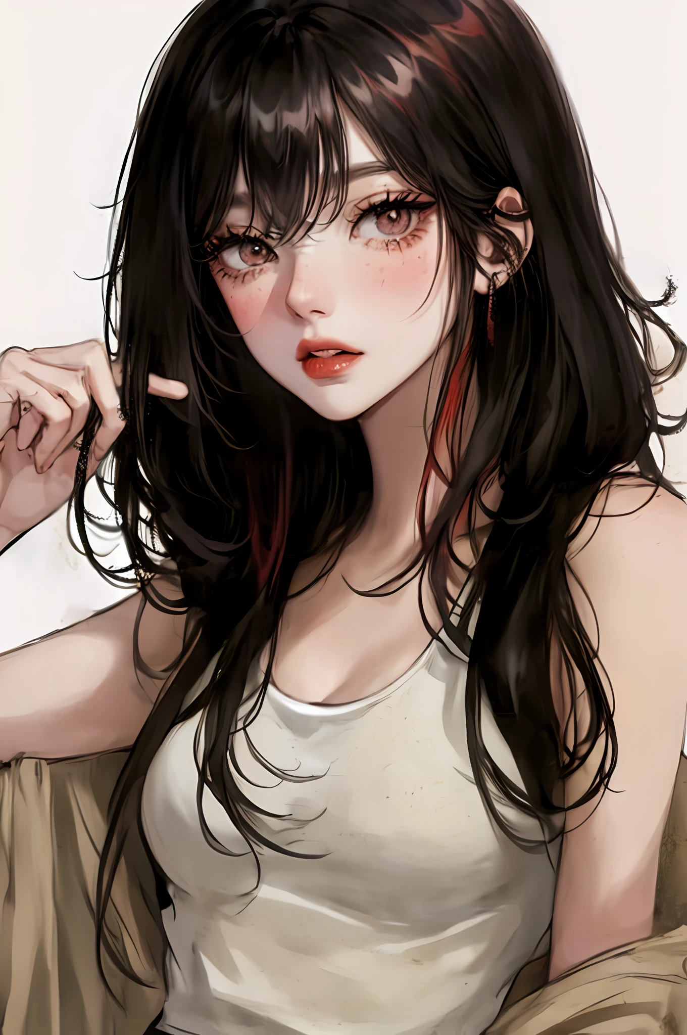 anime-style, illustration, watching from a distance, black hair, watercolor, one-hong makeup, chaiborg, simple background, one girl, black hair, (Super Straight Hair 1.8)))), no bangs, looking at the camera, facing forward, beautiful face, white skin, glossy skin, long and bunched lashes, eyeliner 1.6, red lip, thick lip, blush under the eyes, red head of nose, tank top