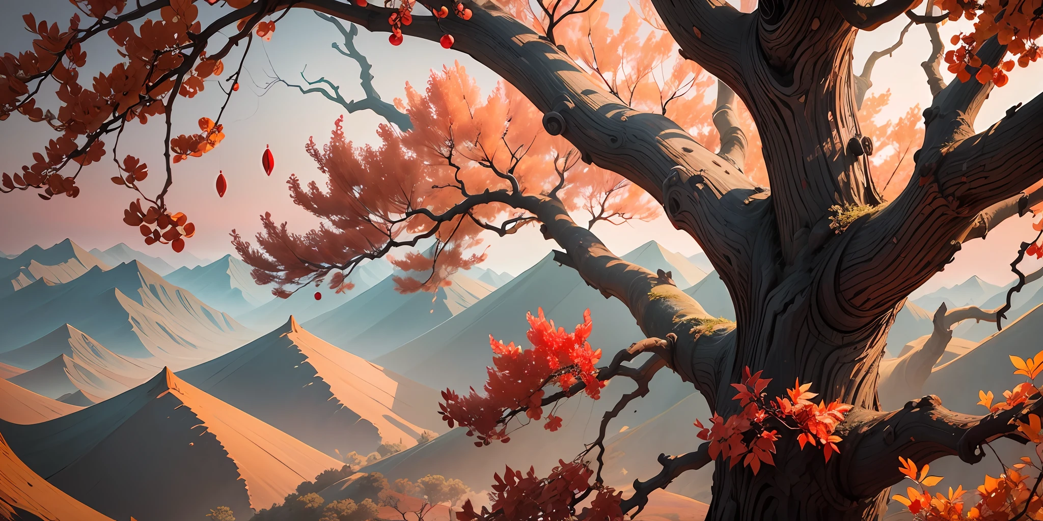 (Masterpiece, best quality) A small number of red dates with branches, jujube leaves, silhouettes, red background, northern Shaanxi landforms --auto --s2