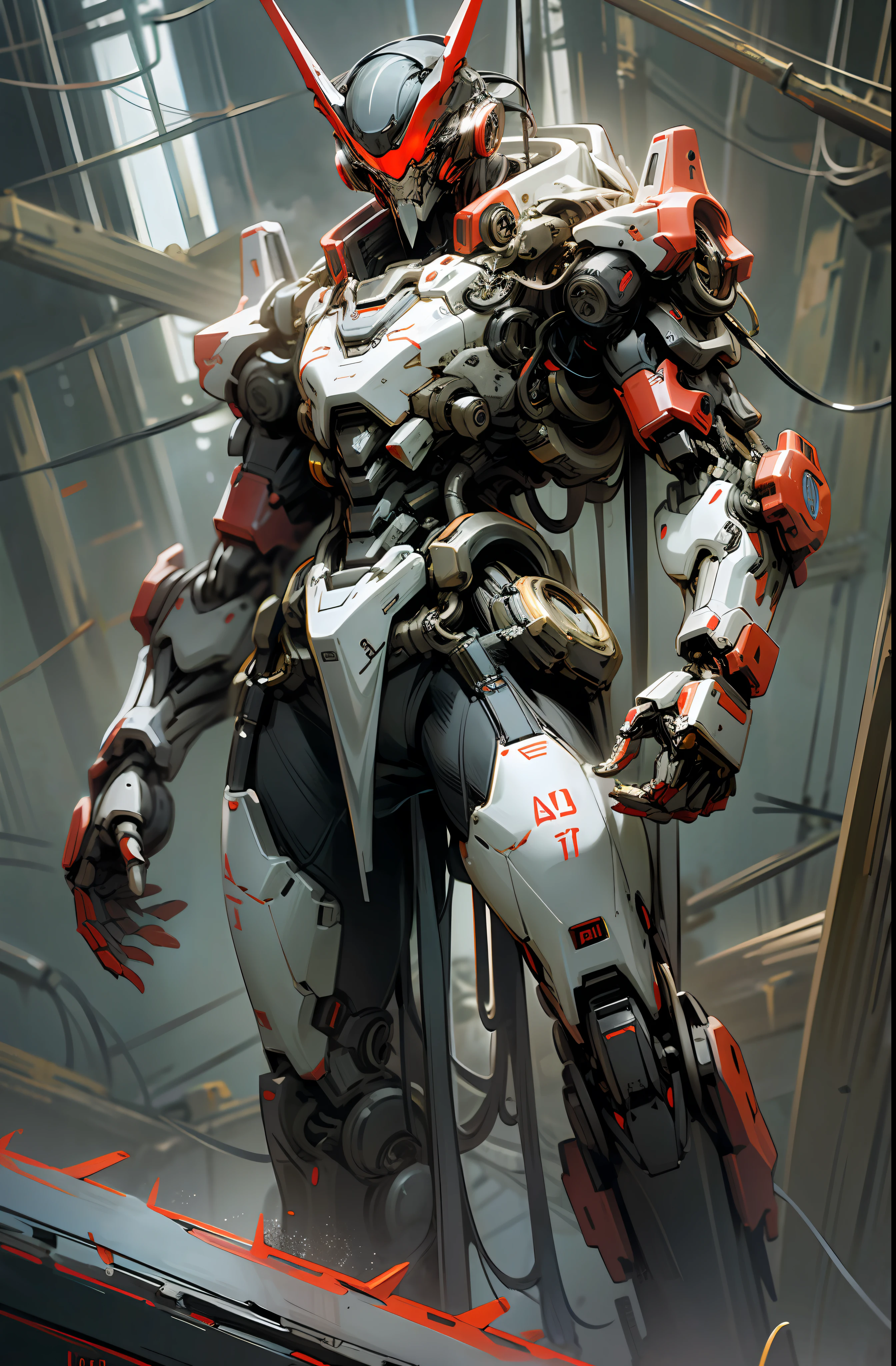 Dark Fantasy, Cyberpunk, Mechanical Marvel, Chain Saw, Chain Saw Man, Red:1.1, Cybernetic Guardian, Robotic Presence, 1 Person