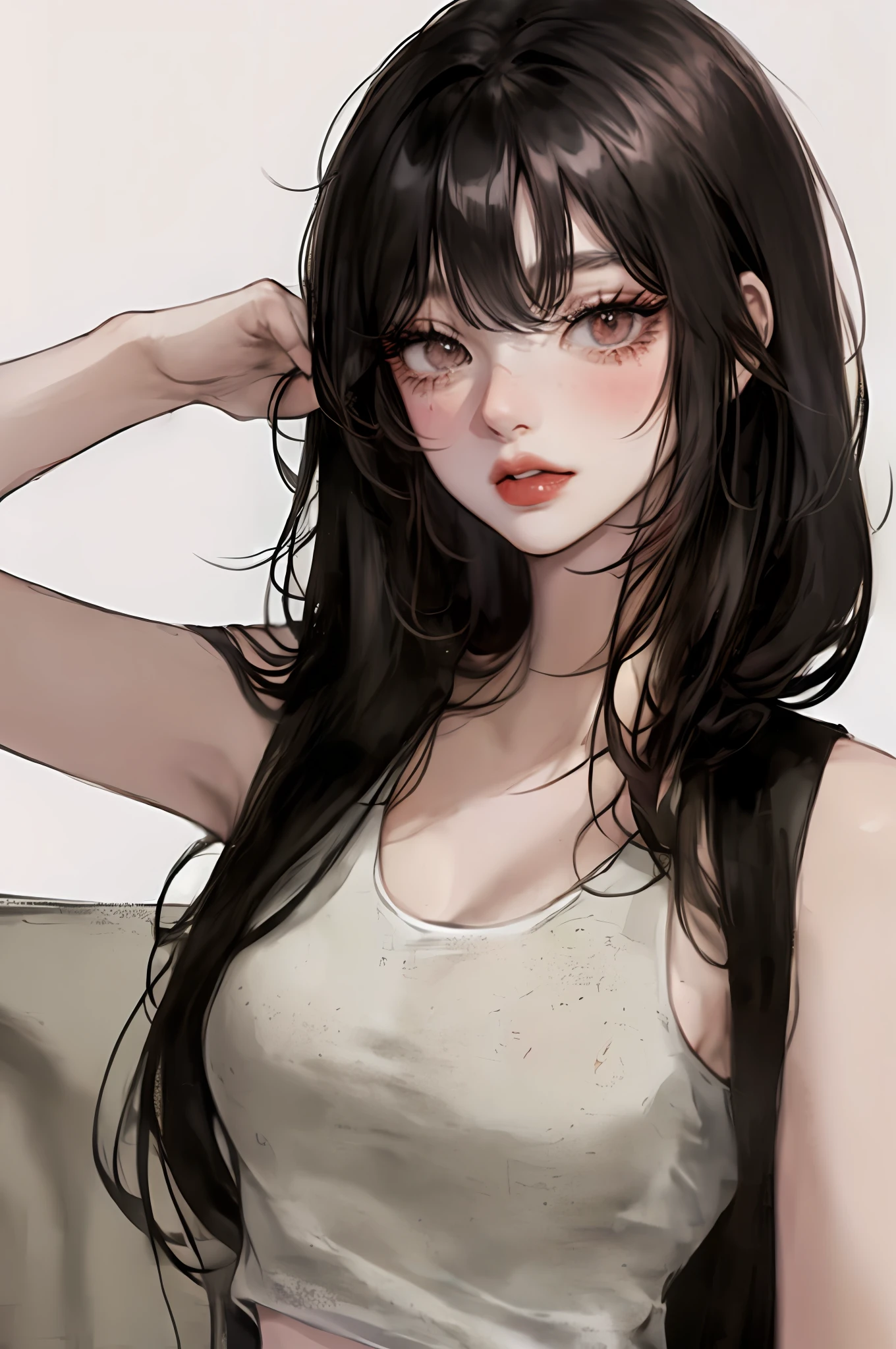 anime-style, illustration, watching from a distance, black hair, watercolor, one-hong makeup, chaiborg, simple background, one girl, black hair, (Super Straight Hair 1.8)))), no bangs, looking at the camera, facing forward, beautiful face, white skin, glossy skin, long and bunched lashes, eyeliner 1.6, red lip, thick lip, blush under the eyes, red head of nose, tank top