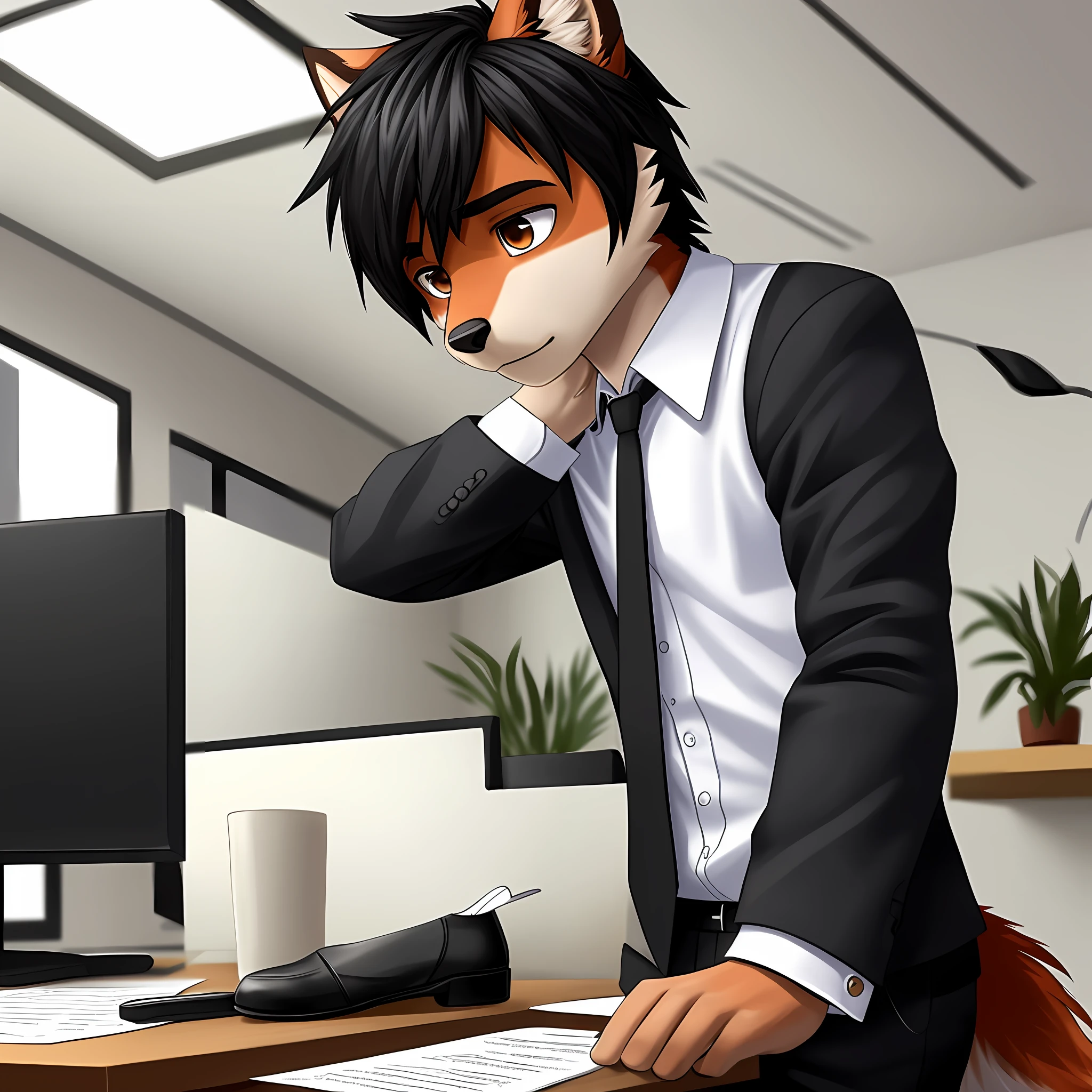 anthro, red wolf, 1boy, adult, black social clothing with black suit, white shirt, blue tie, black shoes screwed up, detailed clothing, soft light, great lighting, black hair, brown eyes, hairstyle, solo, just one character, only one person, only one, no group, no double, office, fiddling with computer, paperwork on desk, tired face