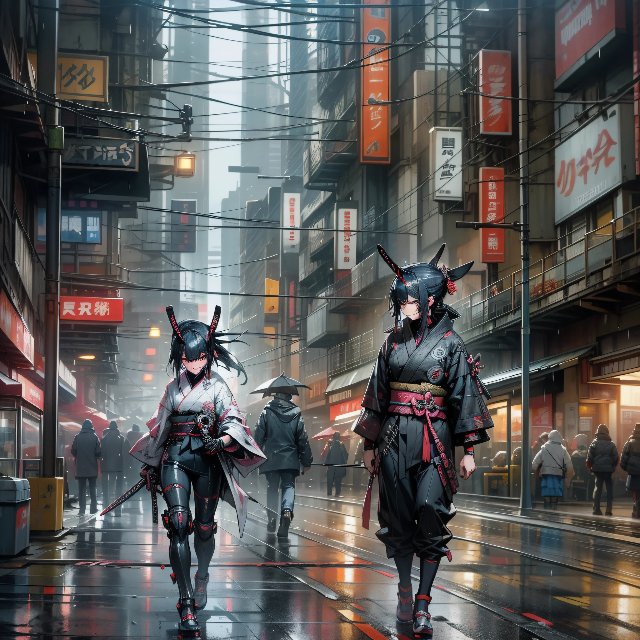 samurai wielding katana, cyberpunk style, blue katana, rainy city, wet streets, futuristic clothing, chaotic city, led lighting, bullet train passing, cars on the streets, city with several people passing --auto --s2