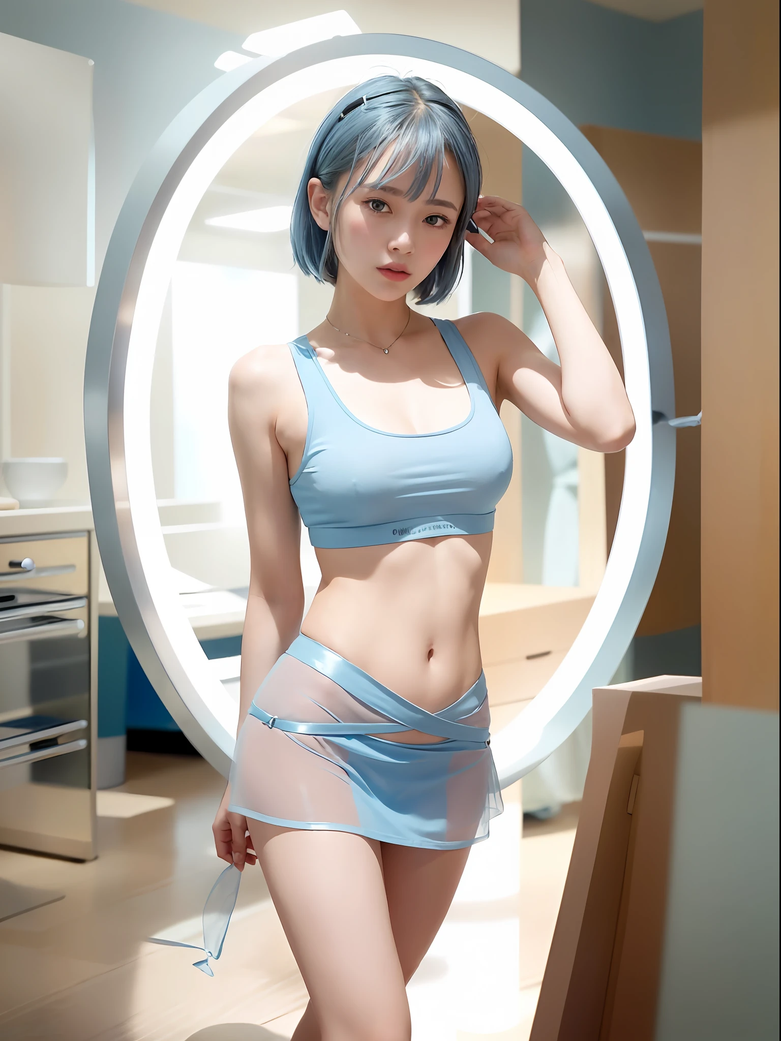 ((Middle breasted, tomboyish, head small)), darkness, (perfect body: 1.1), light blue hair, collar, chain, full body shot, crowded street, (light blue sheer plastic garbage bag:1.3) tank top, (((mini skirt)), (very detailed CG 8k wallpaper), (very delicate and beautiful), (masterpiece), (best quality: 1.0), (super high definition: 1.0), beautiful lighting, perfect lightning, realistic shadows, high resolution] Detailed skin, ultra detailed