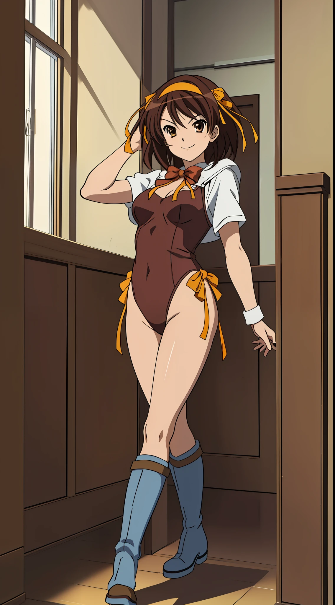 masterpiece, best quality, highres, 1girl, suzumiya haruhi, solo, superhero, leotard, bare legs, brown hair, short hair, brown eyes, hairband, medium hair, ribbon, boots, matching boots, medium breasts, cowboy shot, standing, smile,  kyoani haruhi style,