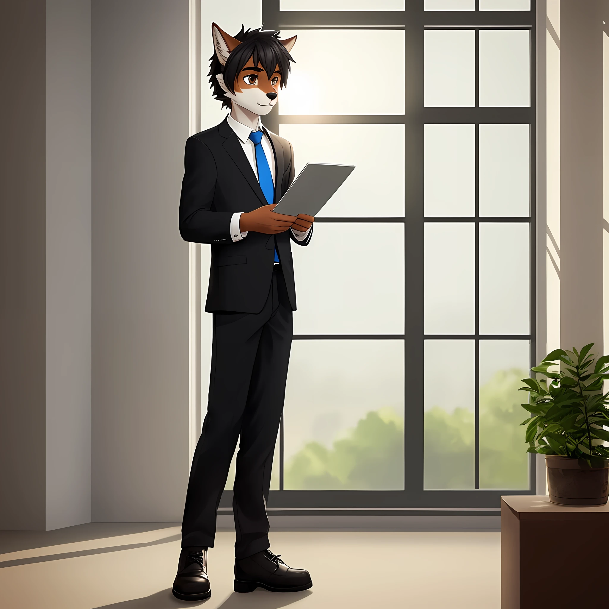 anthro, red wolf, 1boy, adult, black social clothing with black suit, white shirt, blue tie, black shoes screwed up, detailed clothing, soft light, great lighting, black hair, brown eyes, hairstyle, solo, just one character, only one person, only one, no group, no double, in the office at noon looking at a large glass window